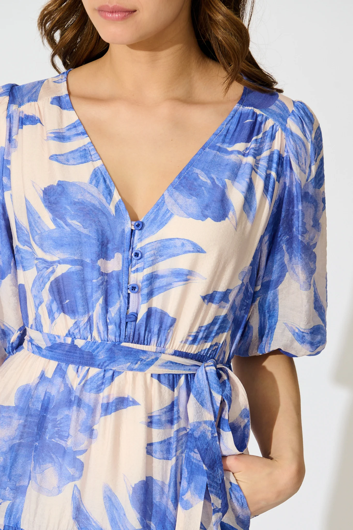 Lumora Midi Dress in Blush with Blue Floral Print - Image 6