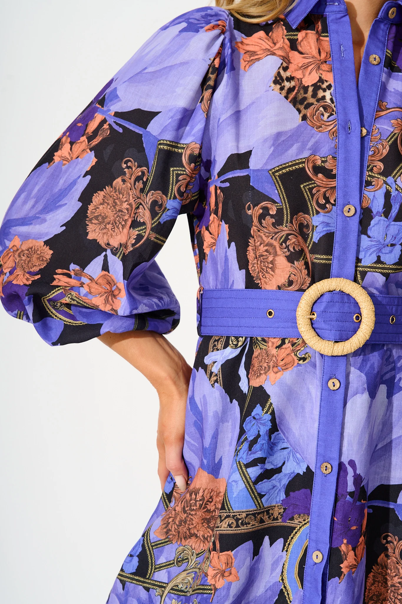 Lunar Bloom Shirt Dress in Blue with Multi Linen Blend - Image 5