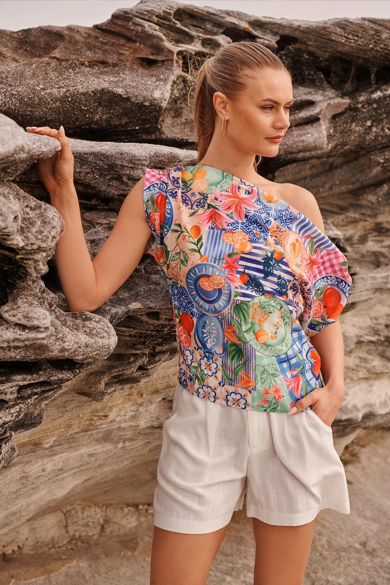 Lunaria Off Shoulder Top in Multi Fruit Patchwork Linen Blend