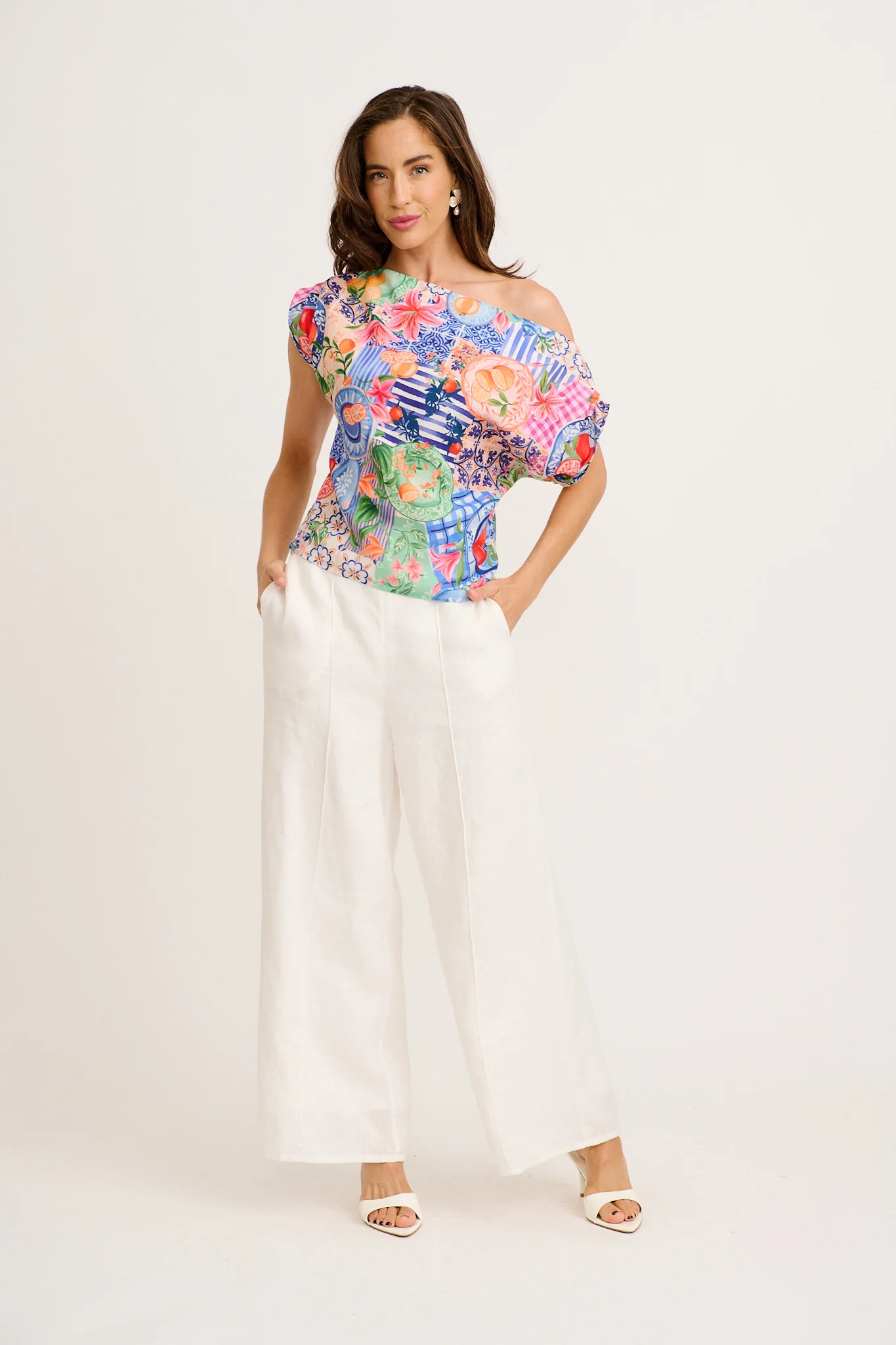 Lunaria Off Shoulder Top in Multi Fruit Patchwork Linen Blend - Image 8