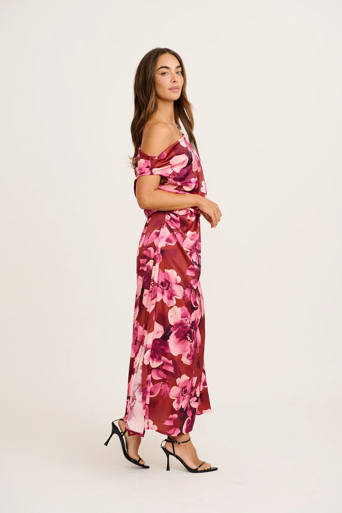Luvella Maxi Off Shoulder Dress in Wine with Blush Floral Satin - Image 8