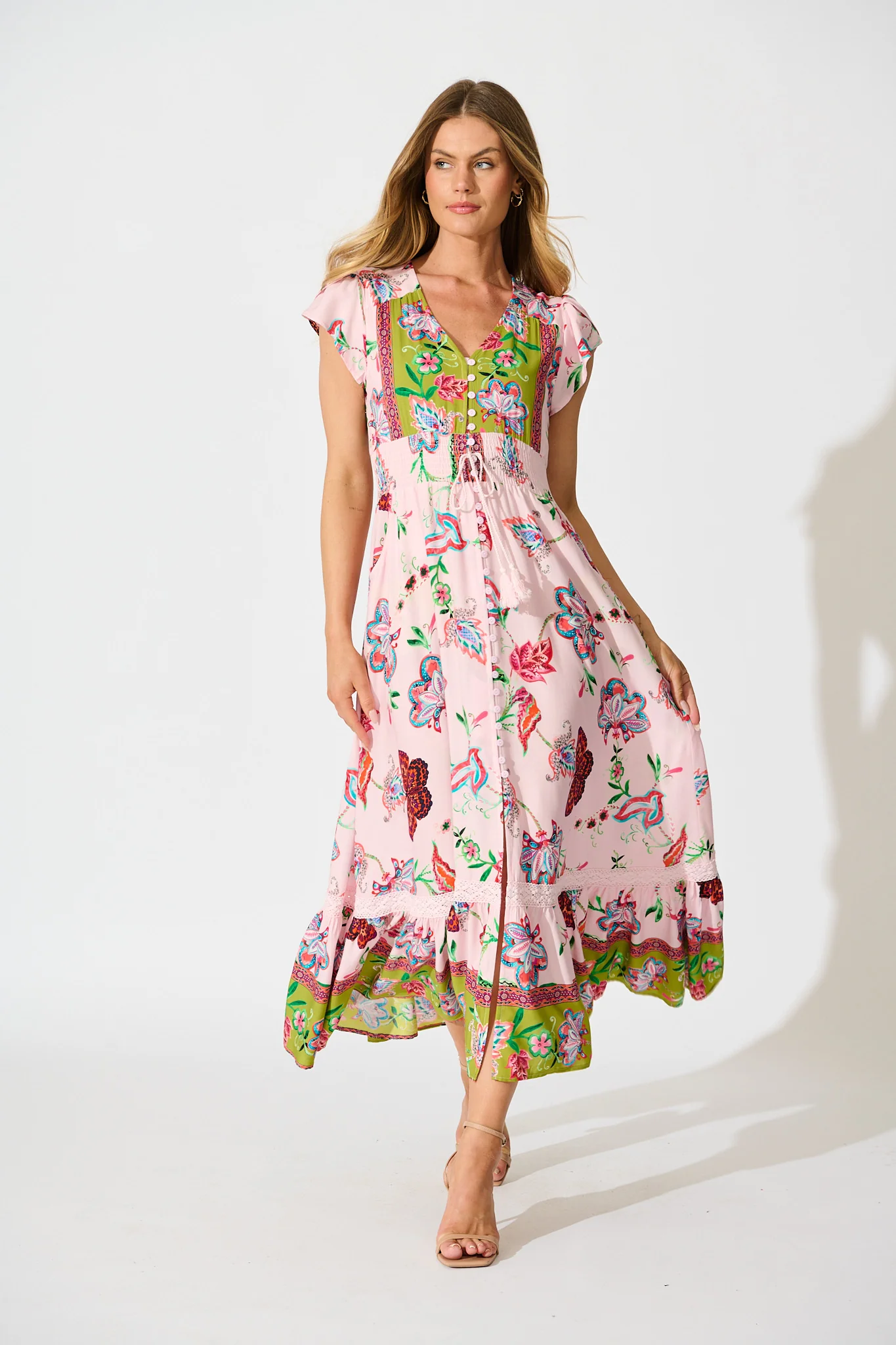 Lyanna Midi Dress in Pink Multi Boho Print
