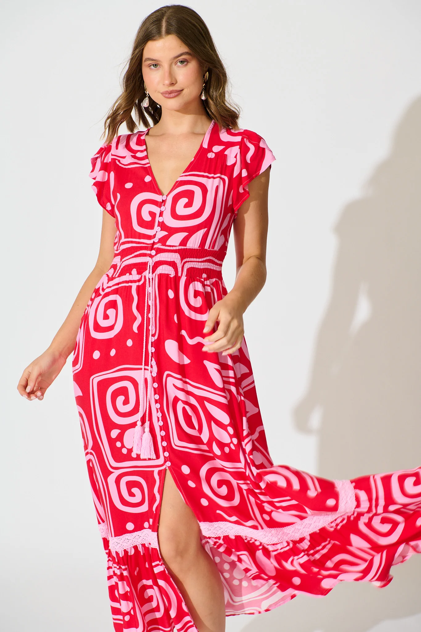 Lyanna Midi Dress in Red Geometric Print - Image 2