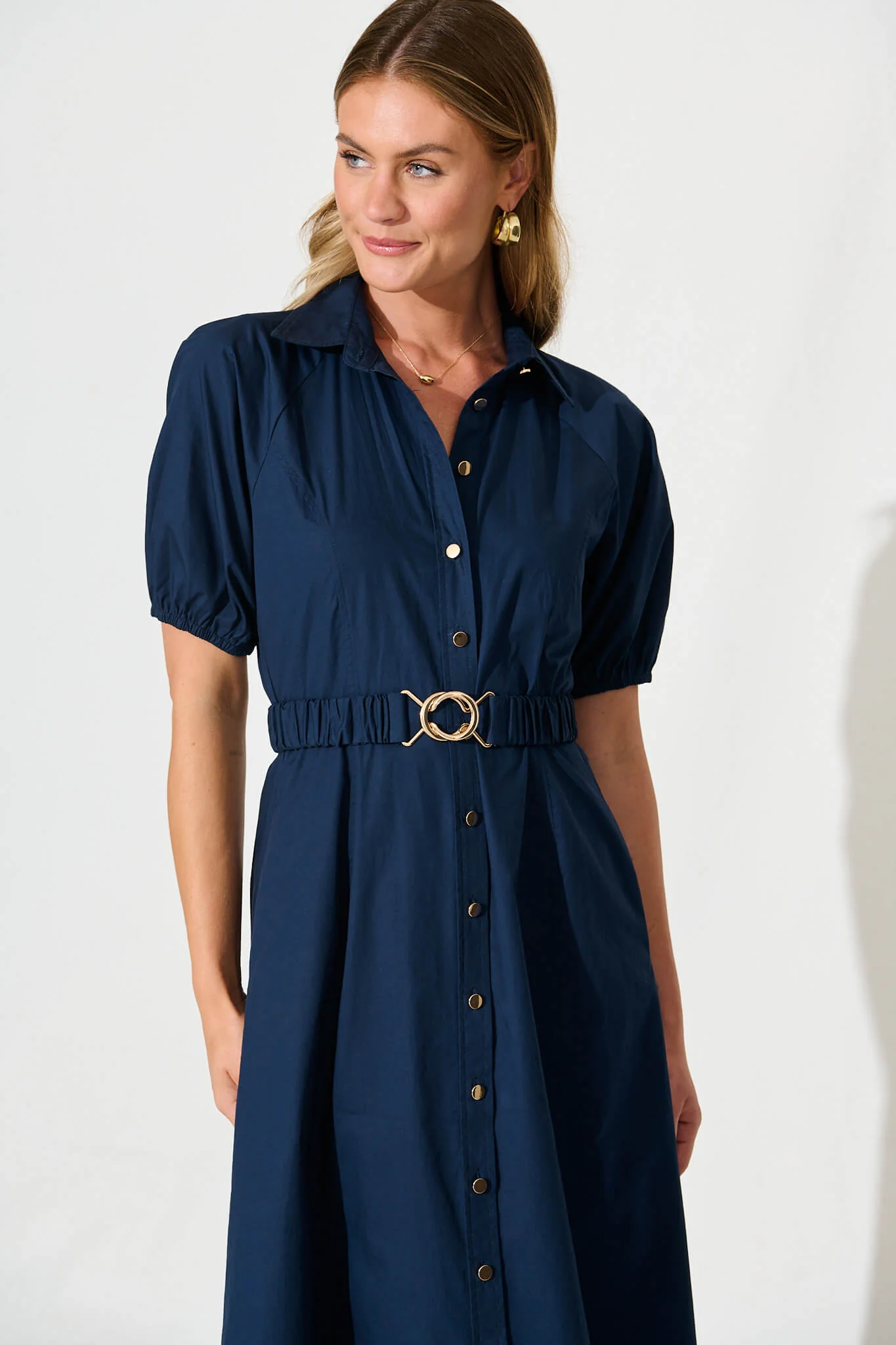 Lydon Midi Dress in Navy Cotton - Image 2
