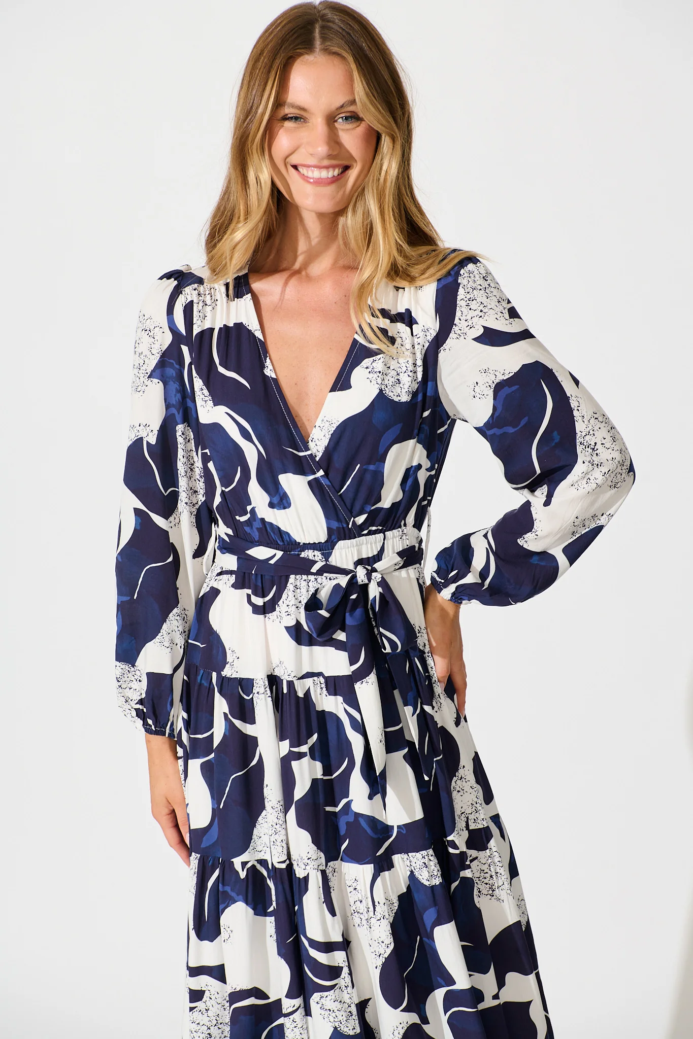 Lyons Midi Dress in White with Navy Print - Image 2