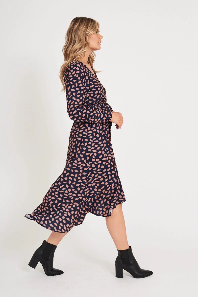 Mabo Midi Dress In Navy With Rust Leaf - Image 3