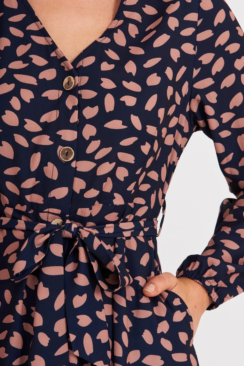 Mabo Midi Dress In Navy With Rust Leaf - Image 5