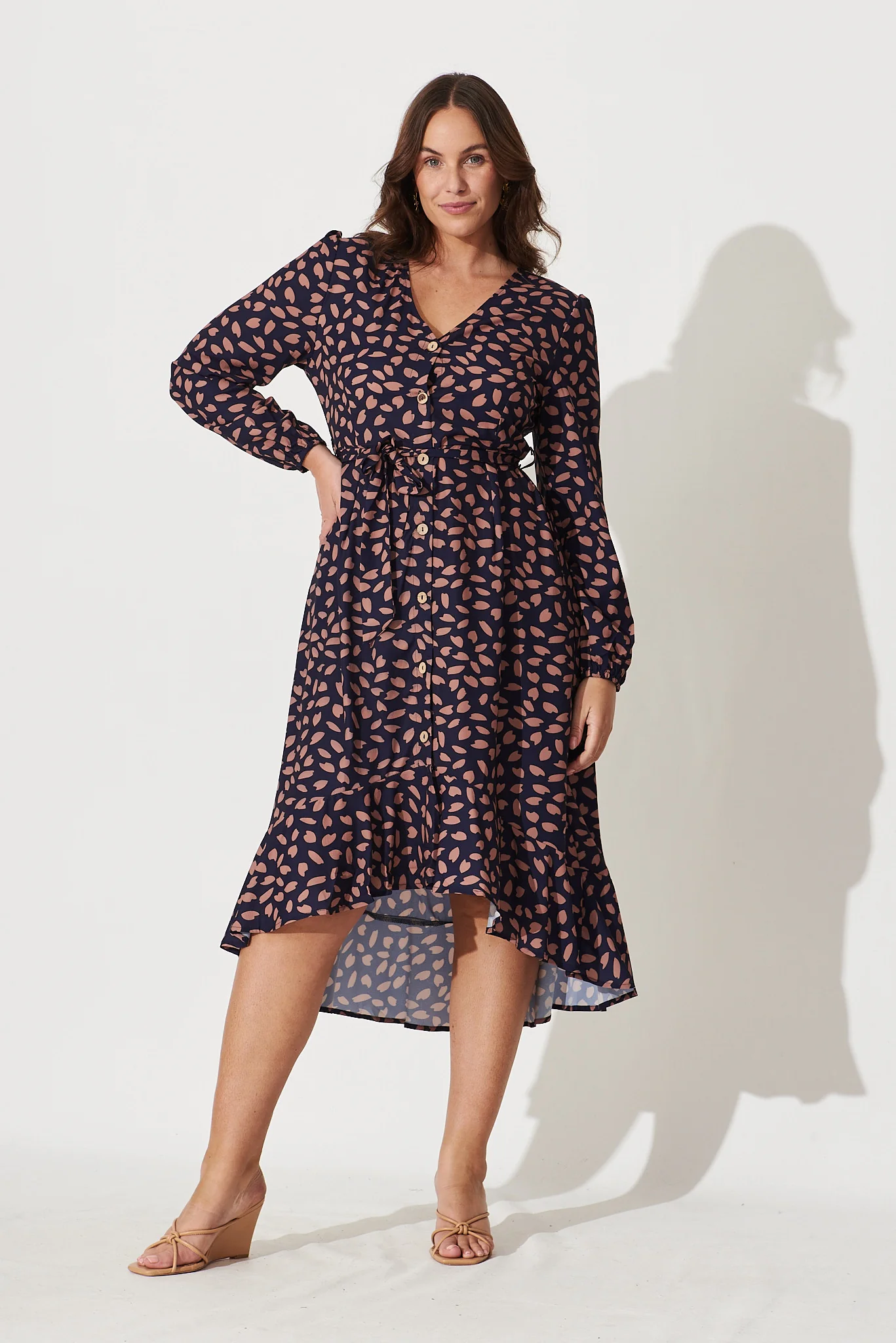 Mabo Midi Dress In Navy With Rust Leaf - Image 6