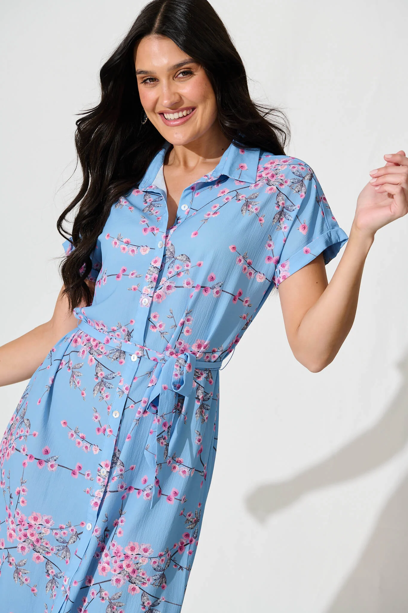 Maddison Shirt Dress In Pale Blue With Pink Cherry Blossom - Image 6