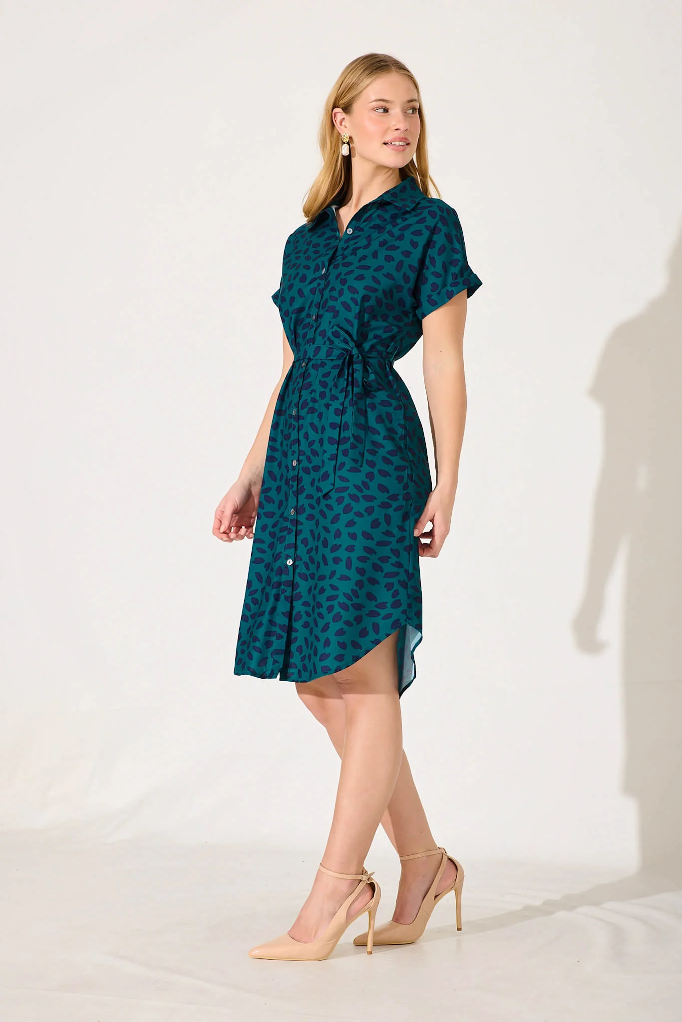 Maddison Shirt Dress In Teal With Navy Leaf - Image 3