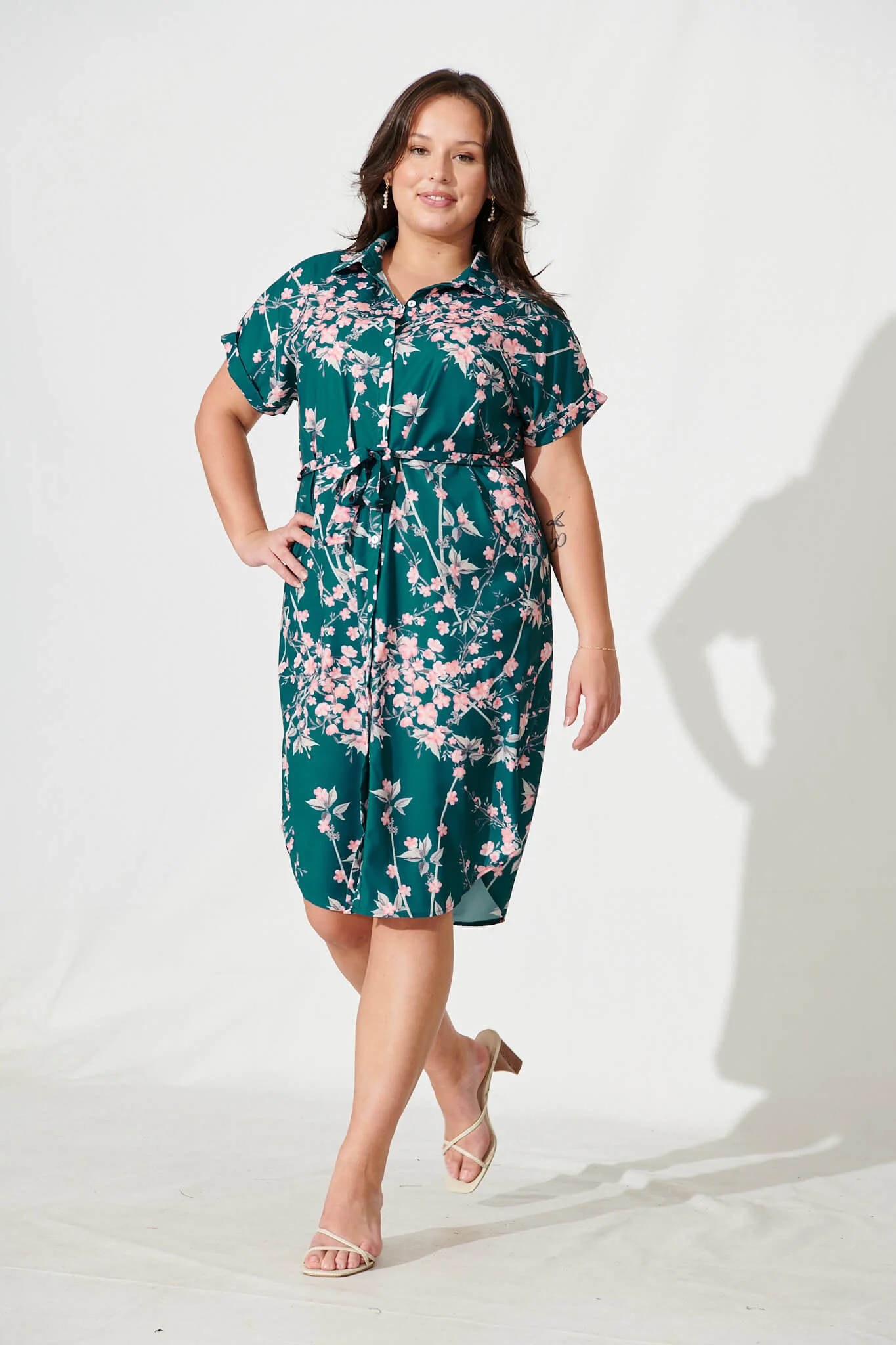 Maddison Shirt Dress In Teal With Pink Cherry Blossom - Image 7