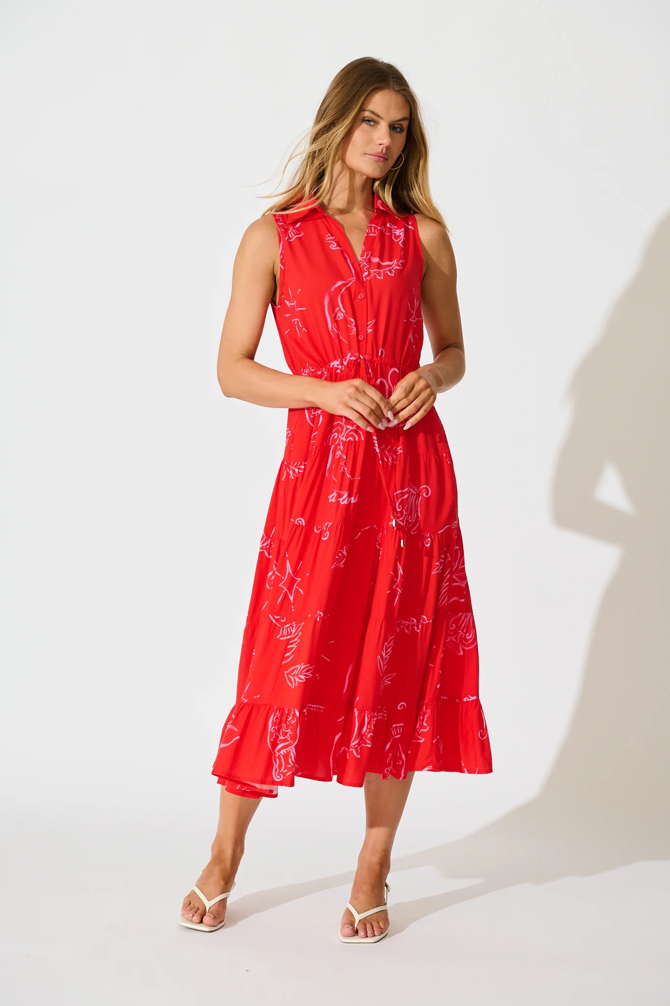 Maelle Midi Dress in Red with Pink Print