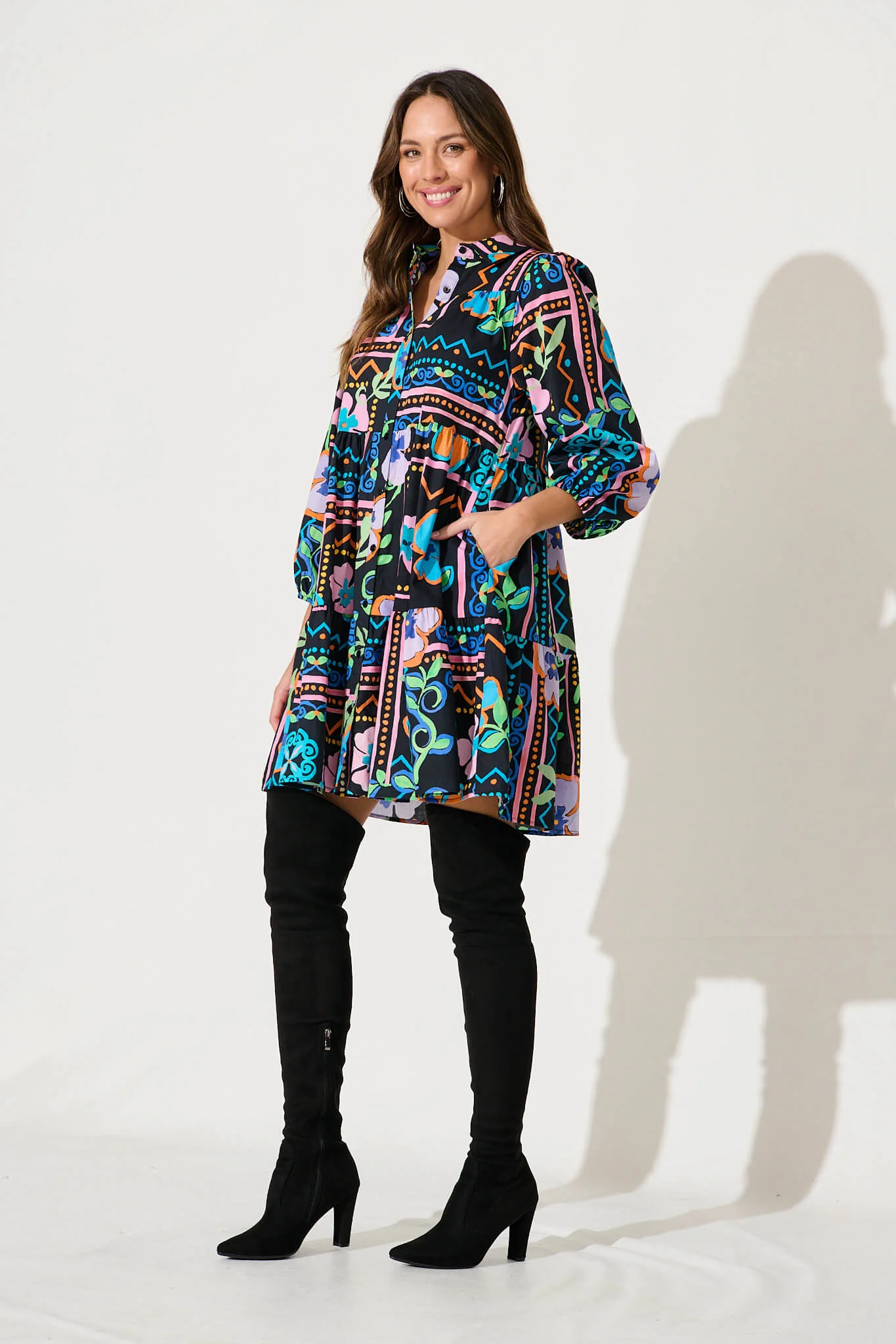 Mahonia Smock Shirt Dress In Black With Multi Cotton - Image 3