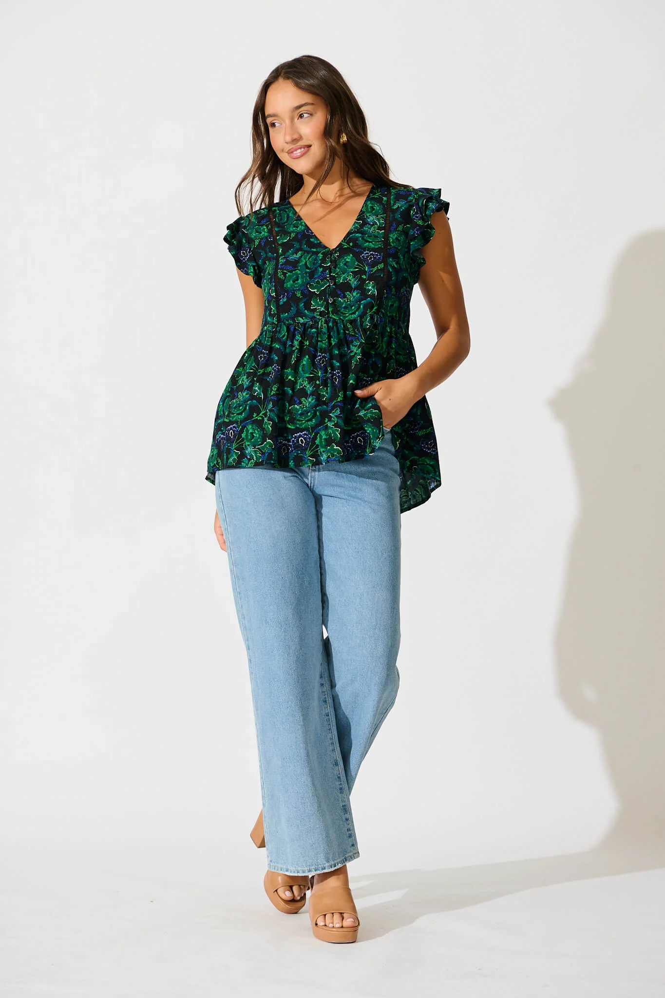 Maila Top In Emerald with Green and Blue Floral - Image 4