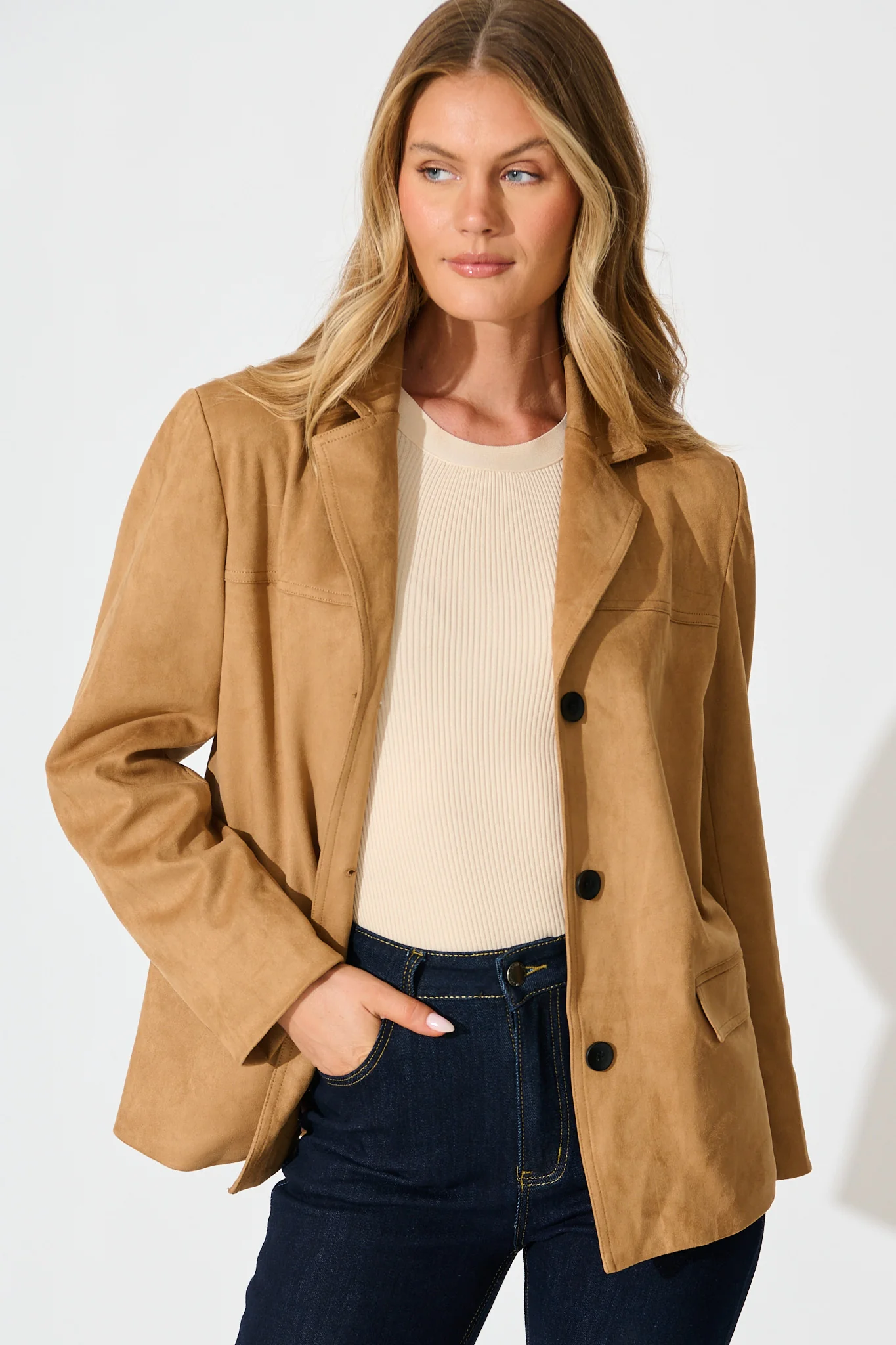 Main Character Blazer in Camel Suedette - Image 2