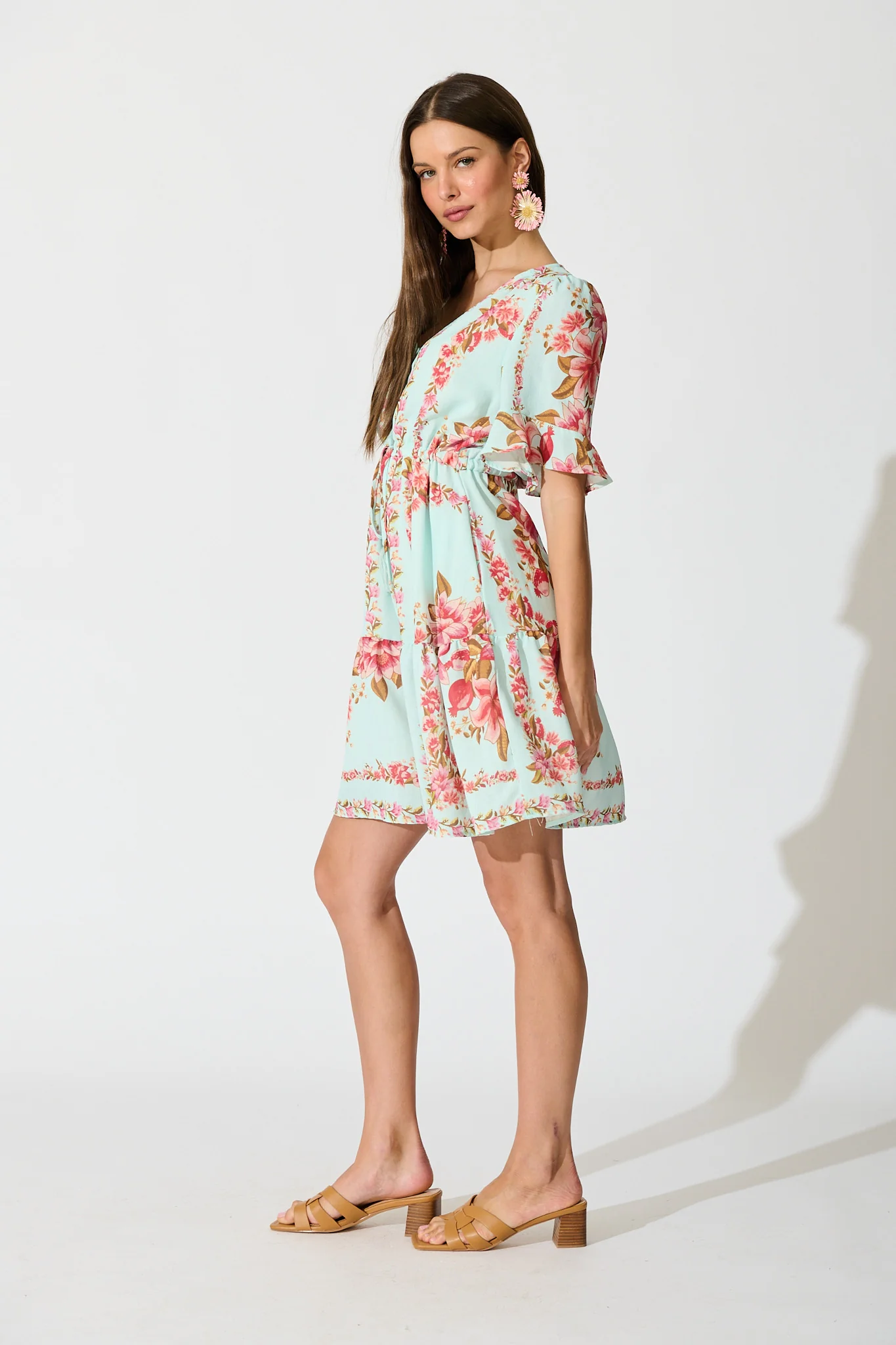 Makena Dress in Blue with Pink Floral Cotton Blend - Image 3