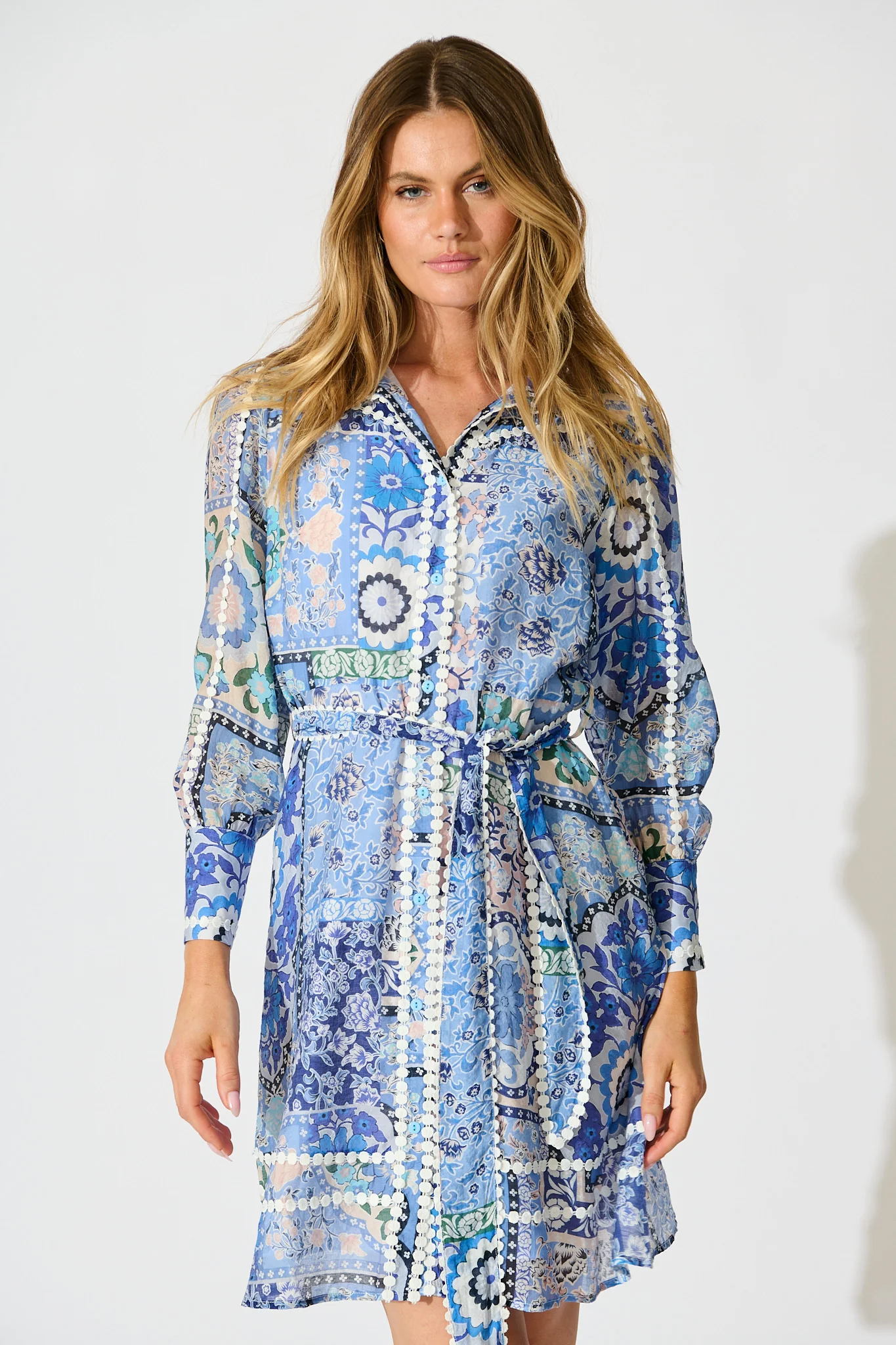 Malhia Shirt Dress in Multi Blue Cotton Blend - Image 2