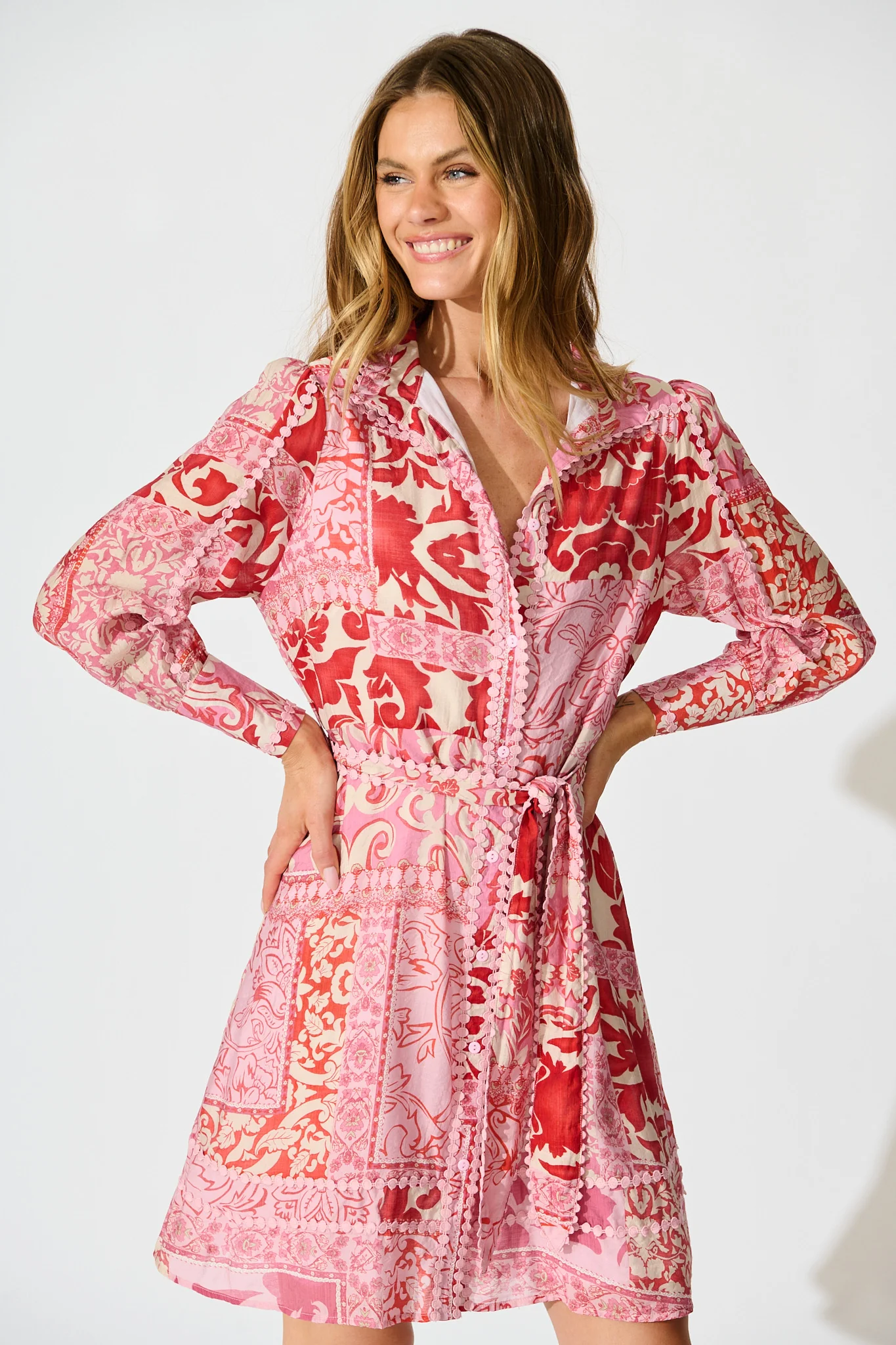 Malhia Shirt Dress in Pink with Red Cotton Blend - Image 2
