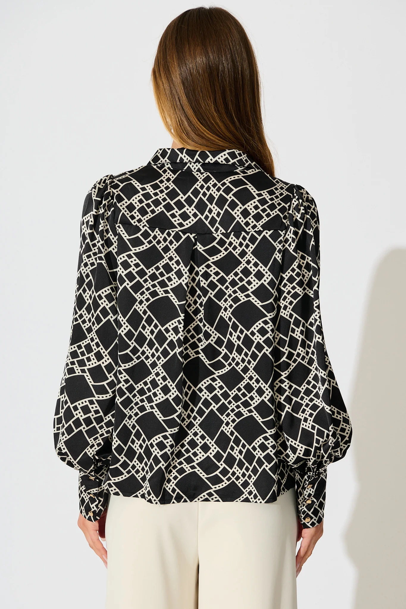 Mara Shirt in Black and White Geometric Satin - Image 4