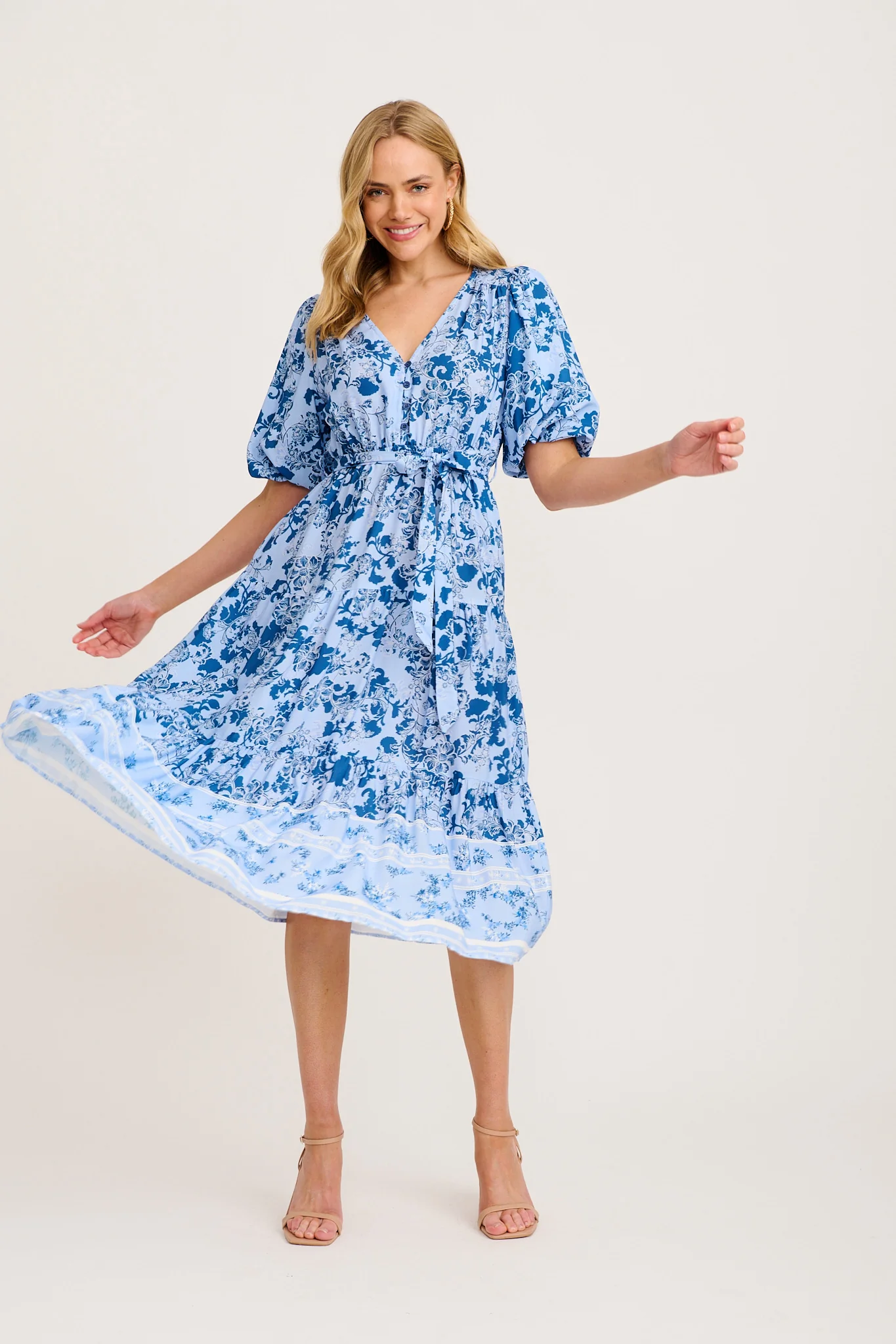Marena Midi Dress in Blue with Navy Floral