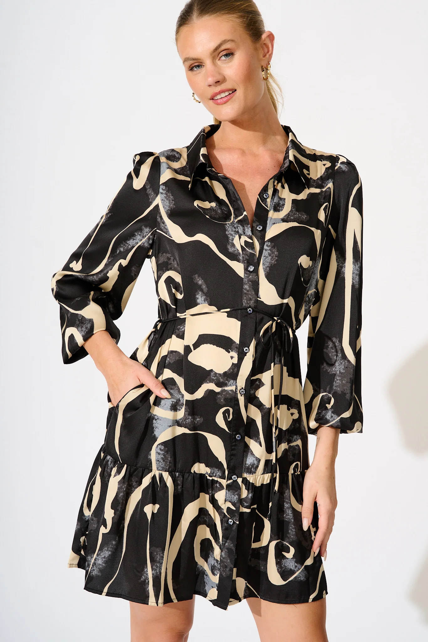Marge Shirt Dress in Black and Cream Satin - Image 2