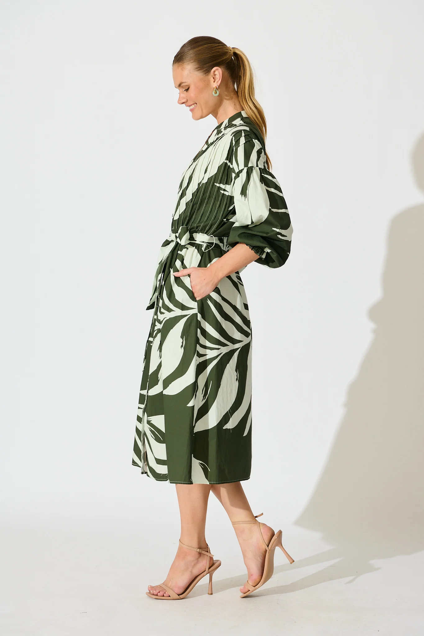 Margot Midi Dress in Green with White Leaf Cotton - Image 3