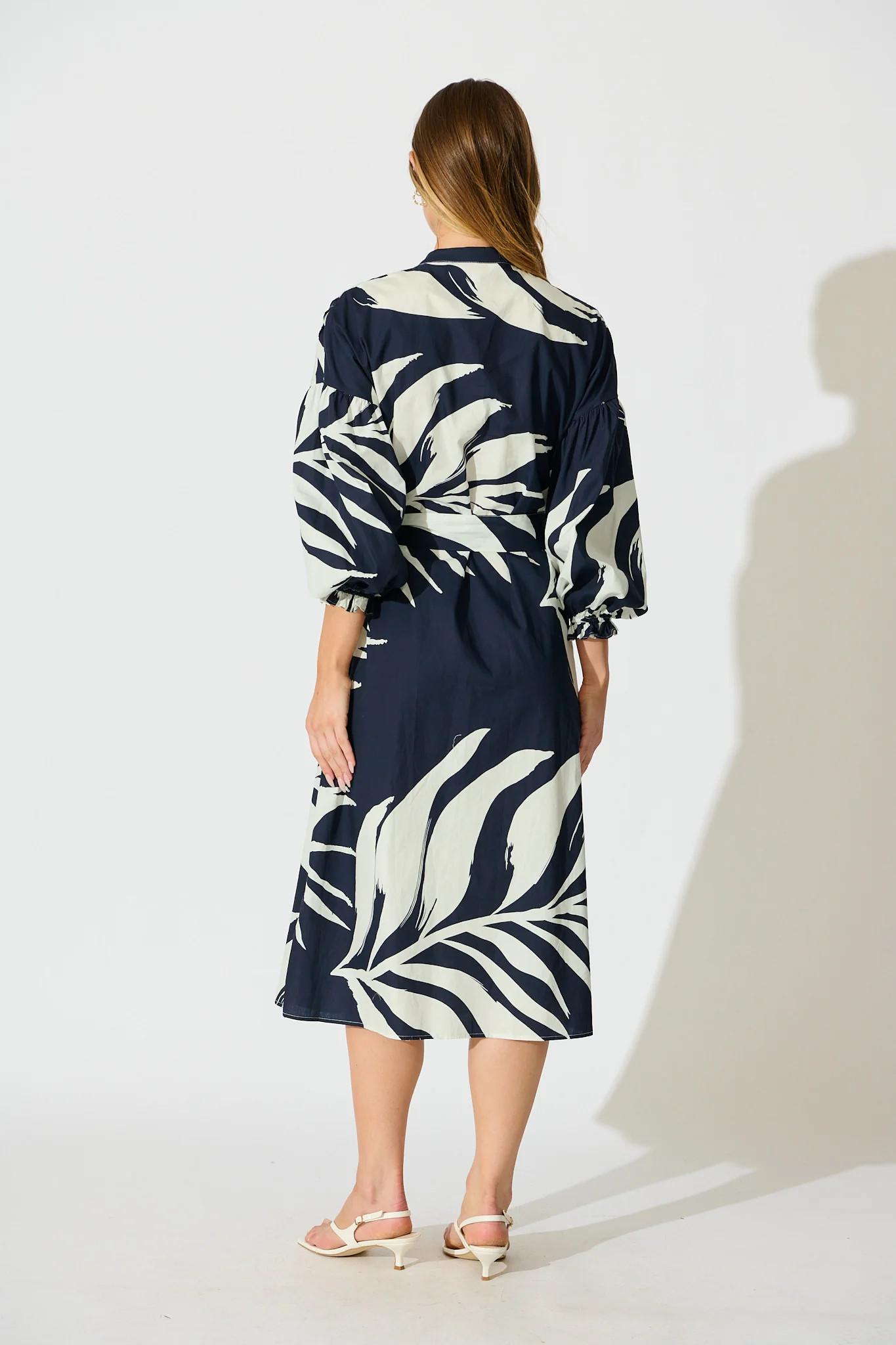 Margot Midi Dress in Navy with White Leaf Cotton - Image 4