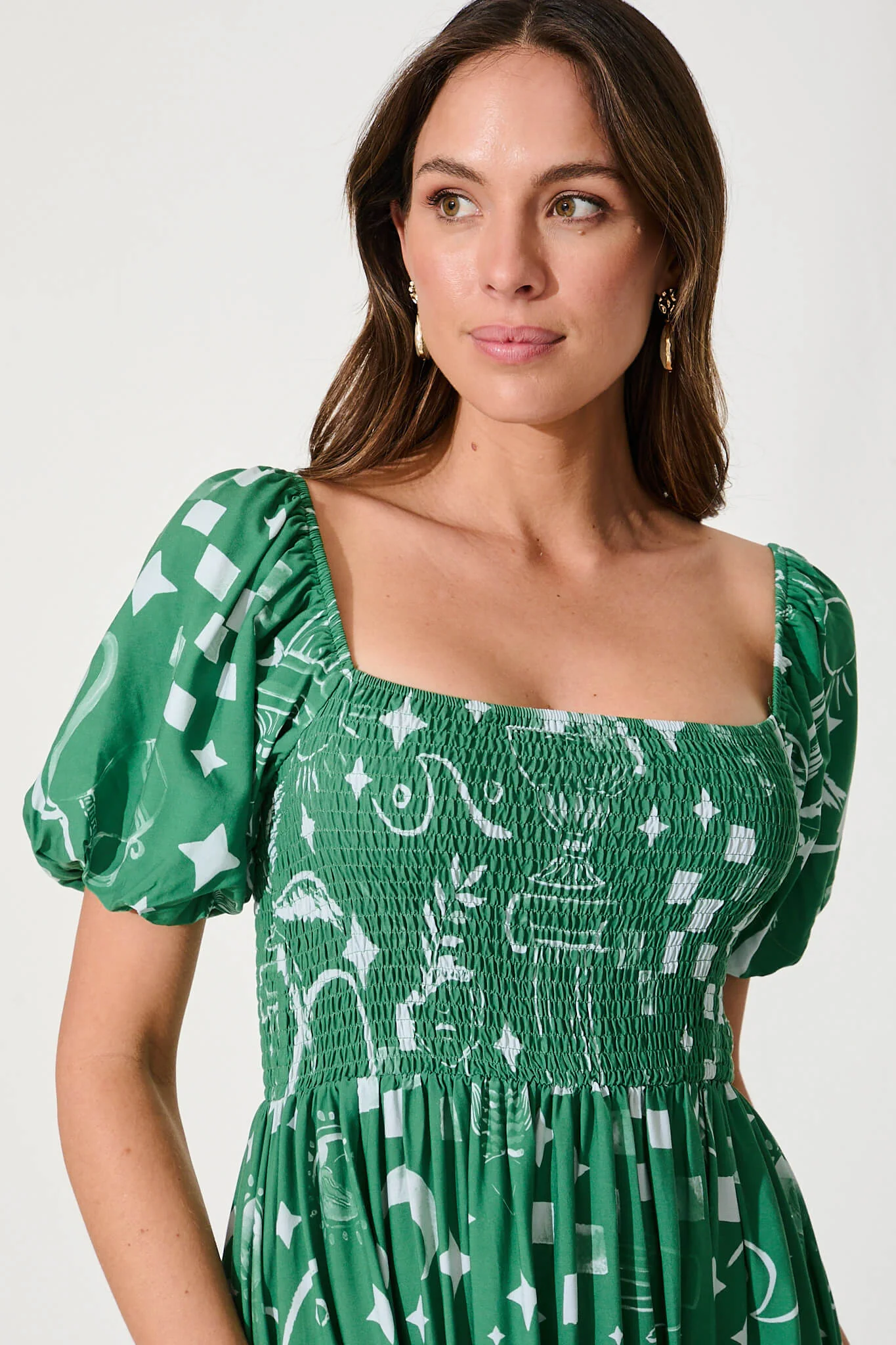 Mariam Midi Dress In Green With White Print - Image 5