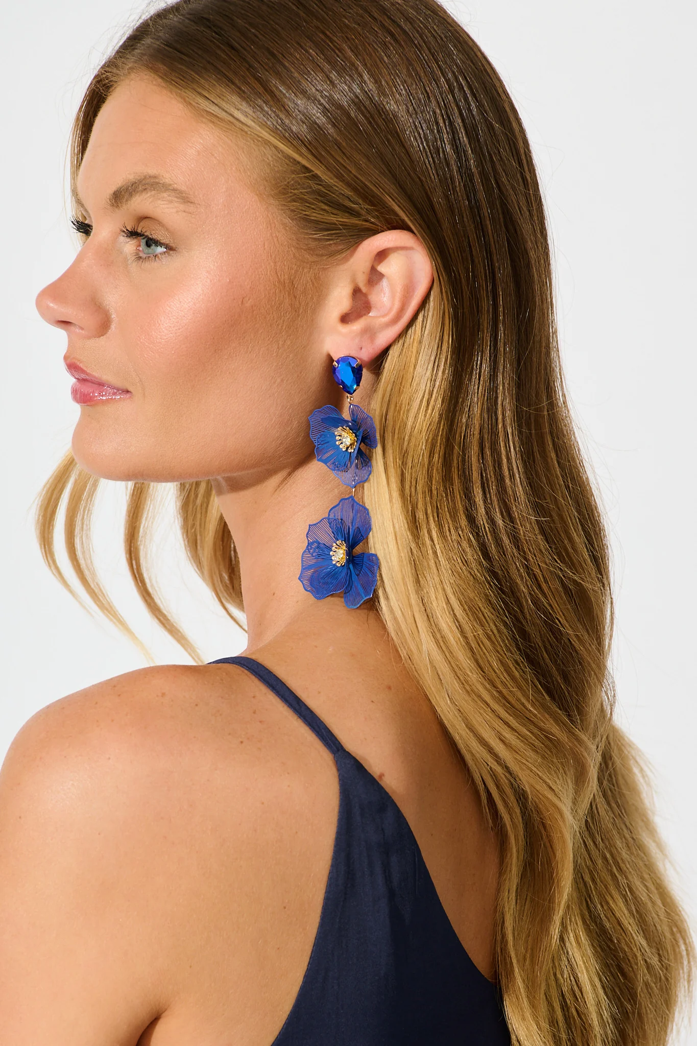 Mariana Double Flower Drop Earrings In Navy with Stone