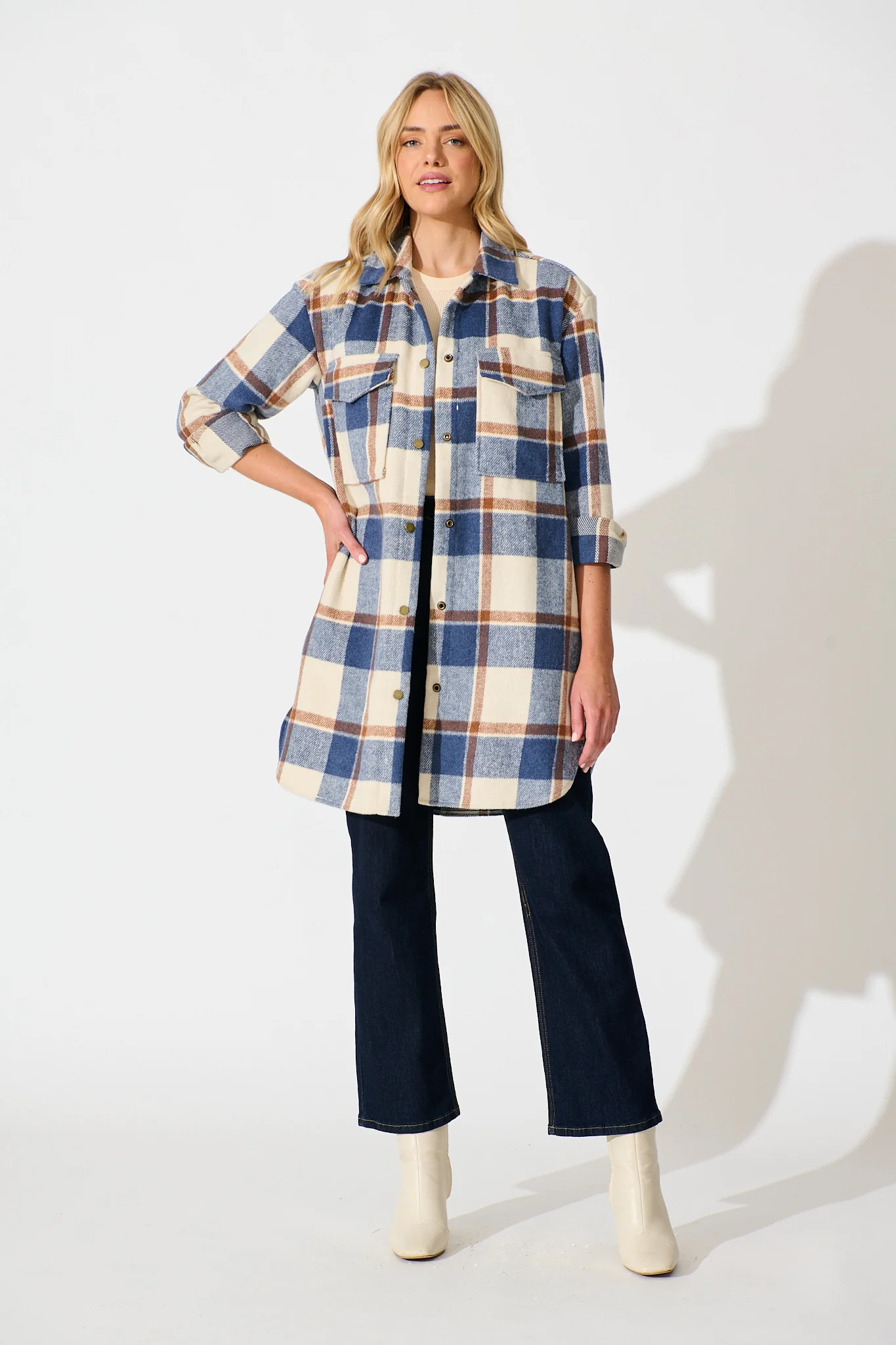 Mariana Shacket in Cream with Blue Check Wool Blend - Image 4
