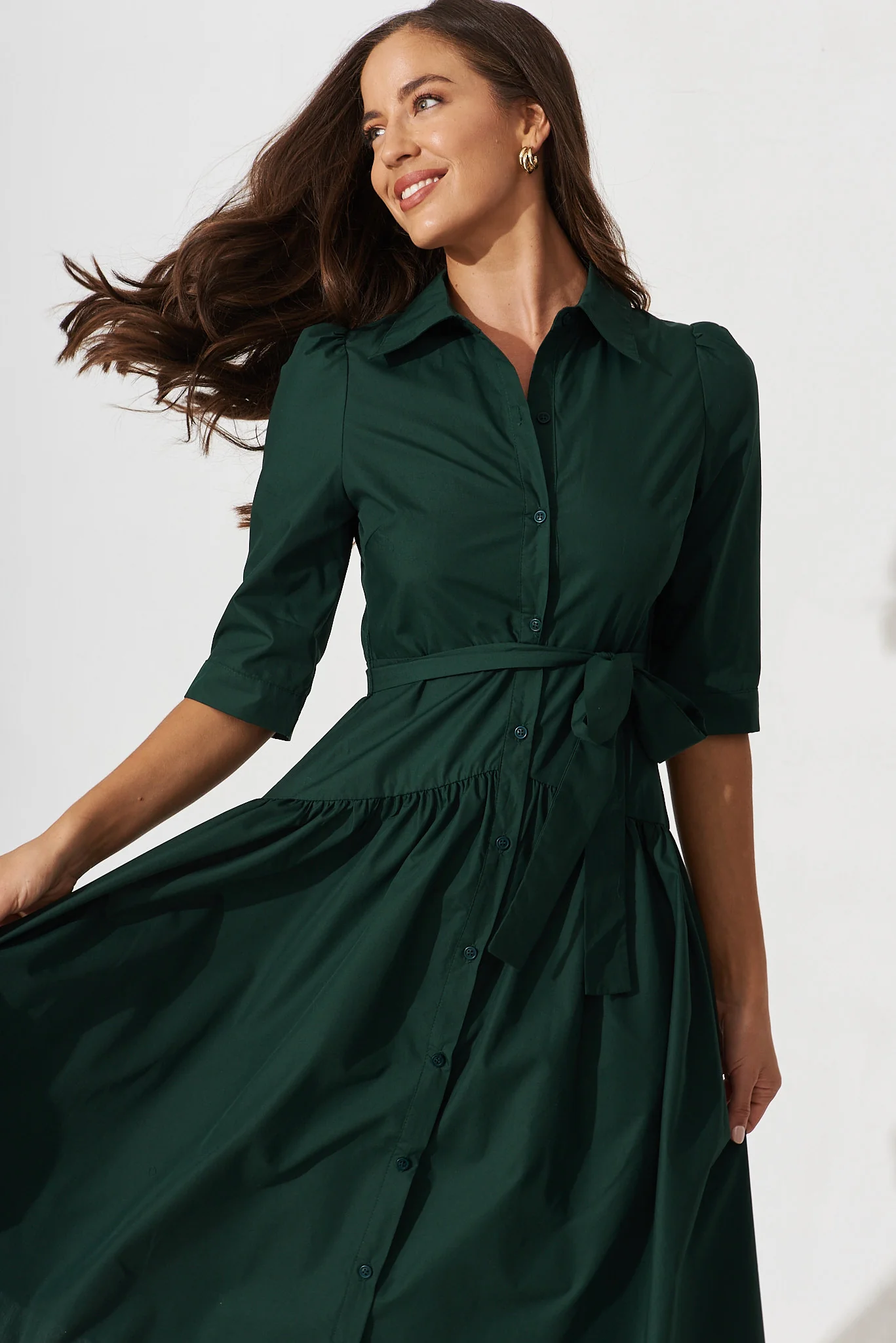 Marie Midi Shirt Dress In Emerald Cotton - Image 2