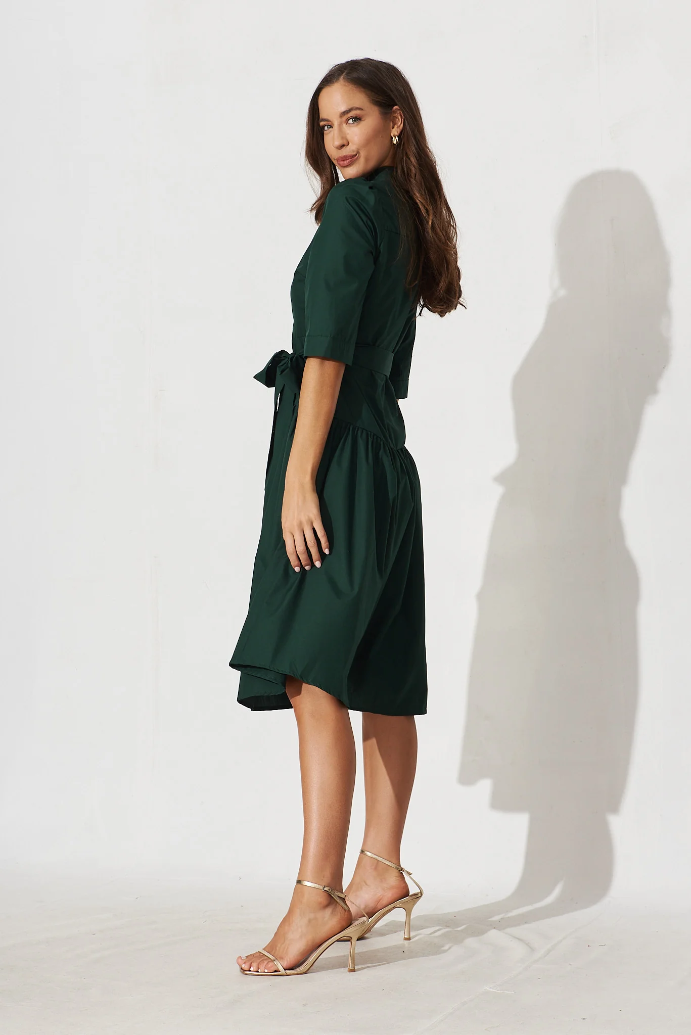 Marie Midi Shirt Dress In Emerald Cotton - Image 3