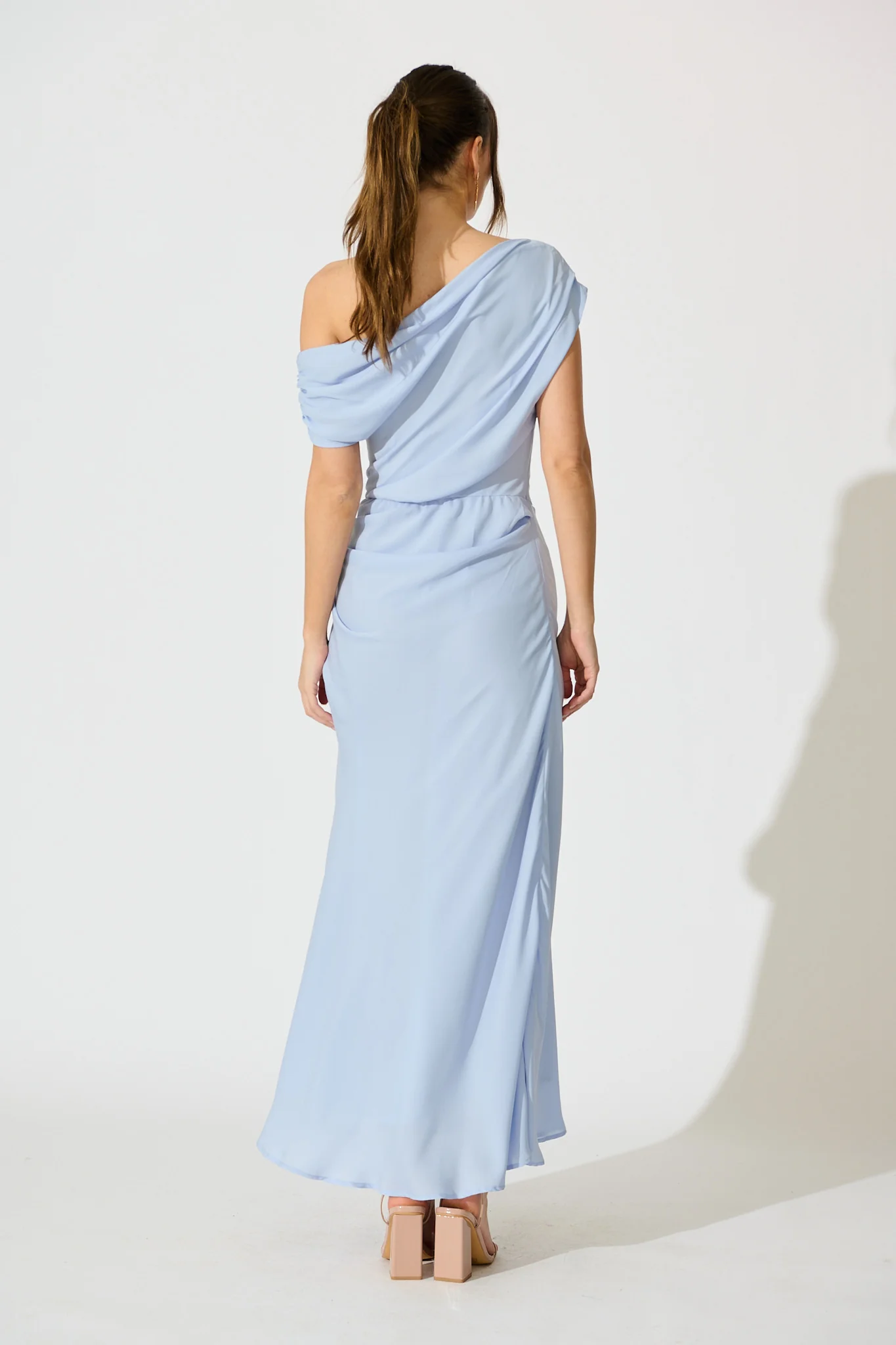 Marielle Off Shoulder Maxi Dress in Dusty Blue Chiffon - Image 7