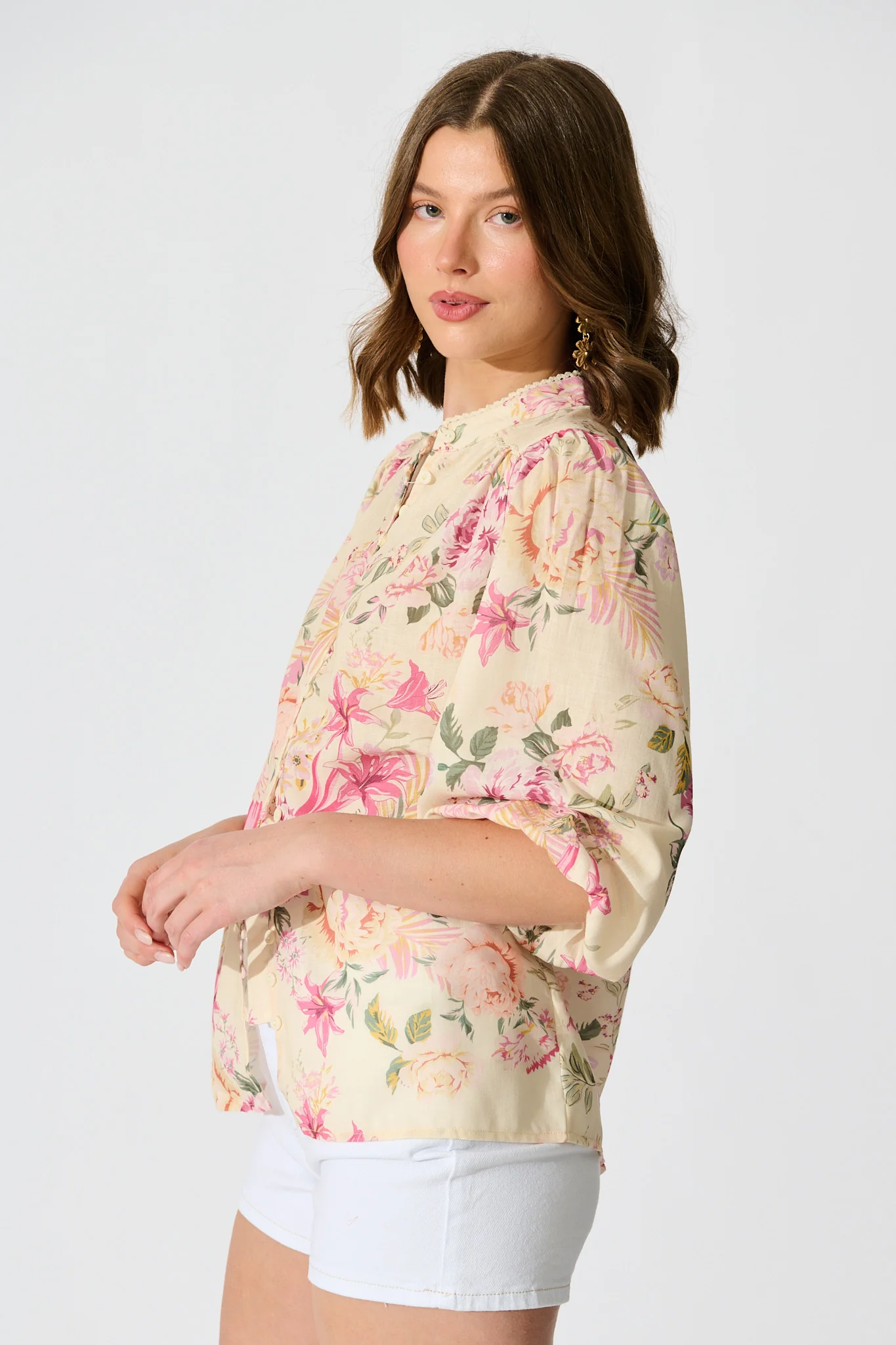 Marigold Muse Top In Butter Yellow Pink Floral Linen Blend - Image 2