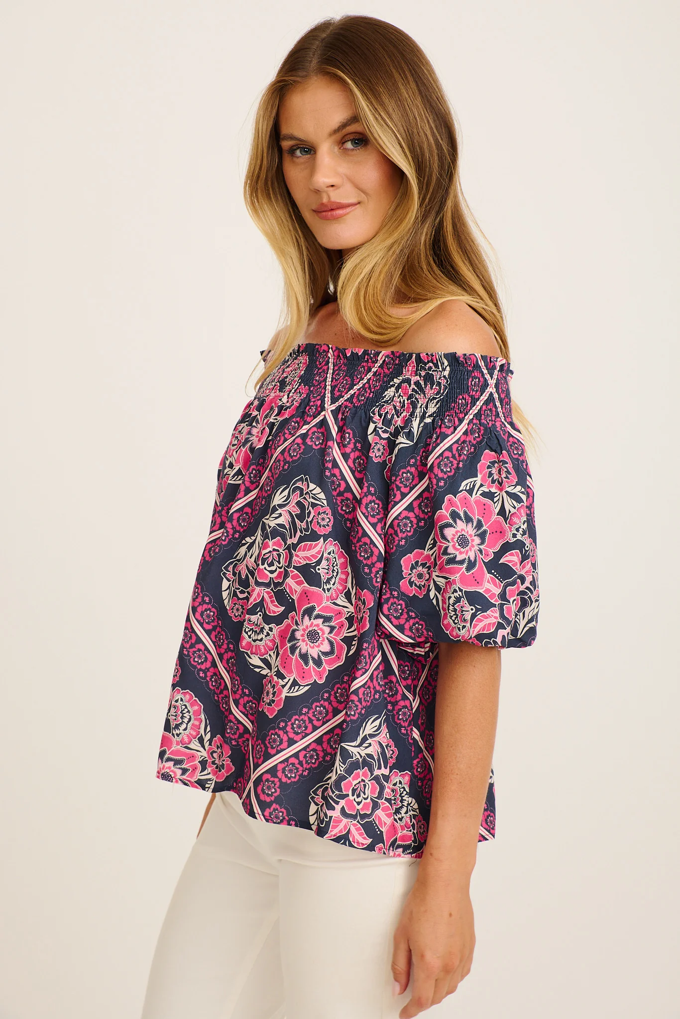 Marina Off Shoulder Top in Navy with Pink Floral Tiles Print - Image 3