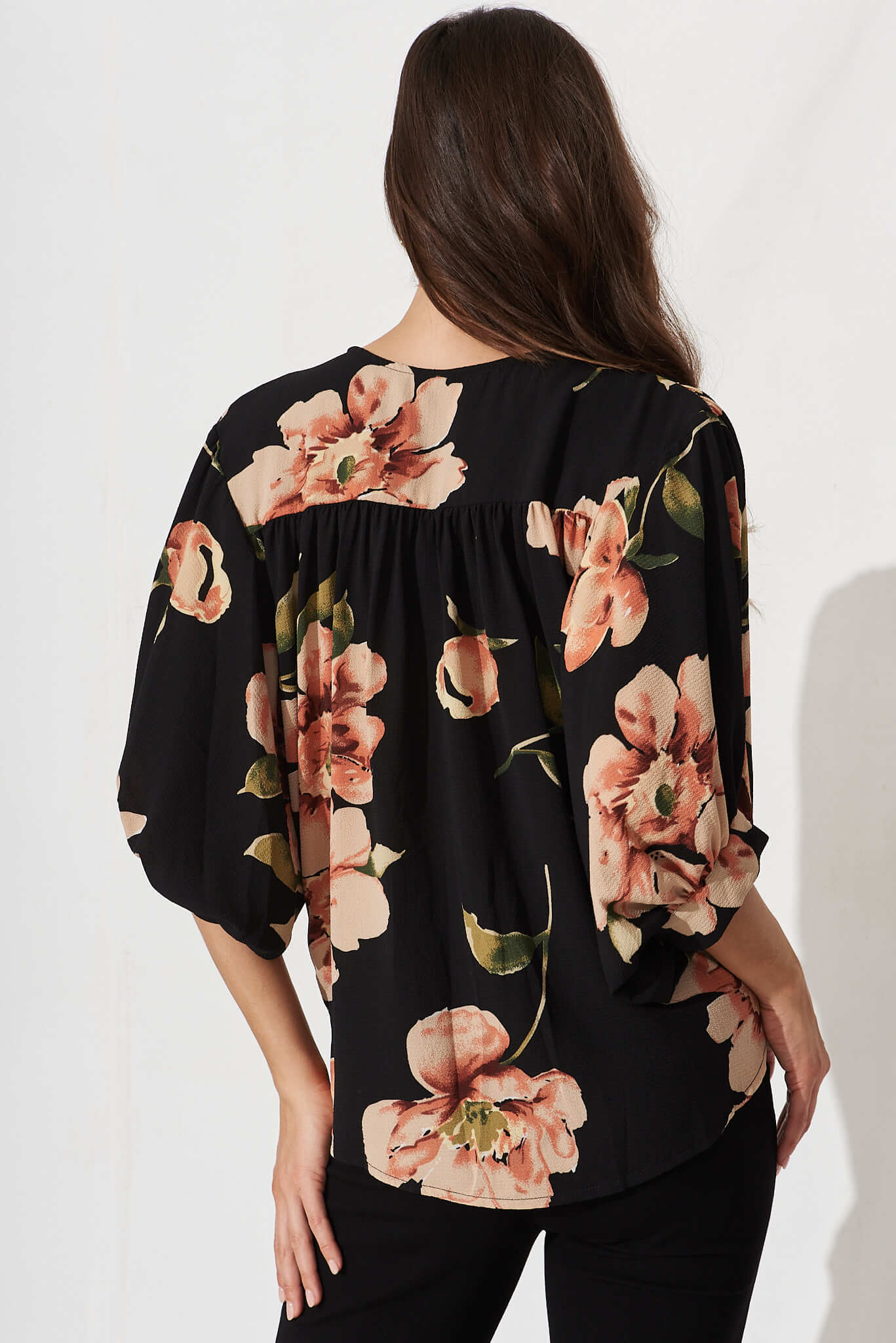 Marliboo Mock Wrap Top In Black With Blush Floral - Image 4