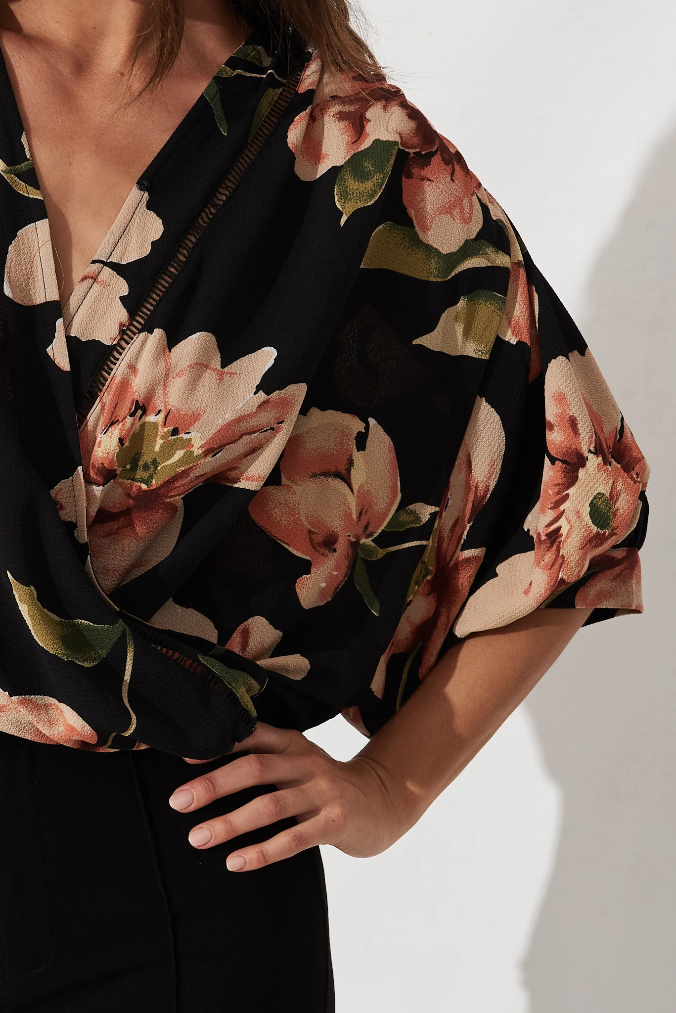 Marliboo Mock Wrap Top In Black With Blush Floral - Image 5