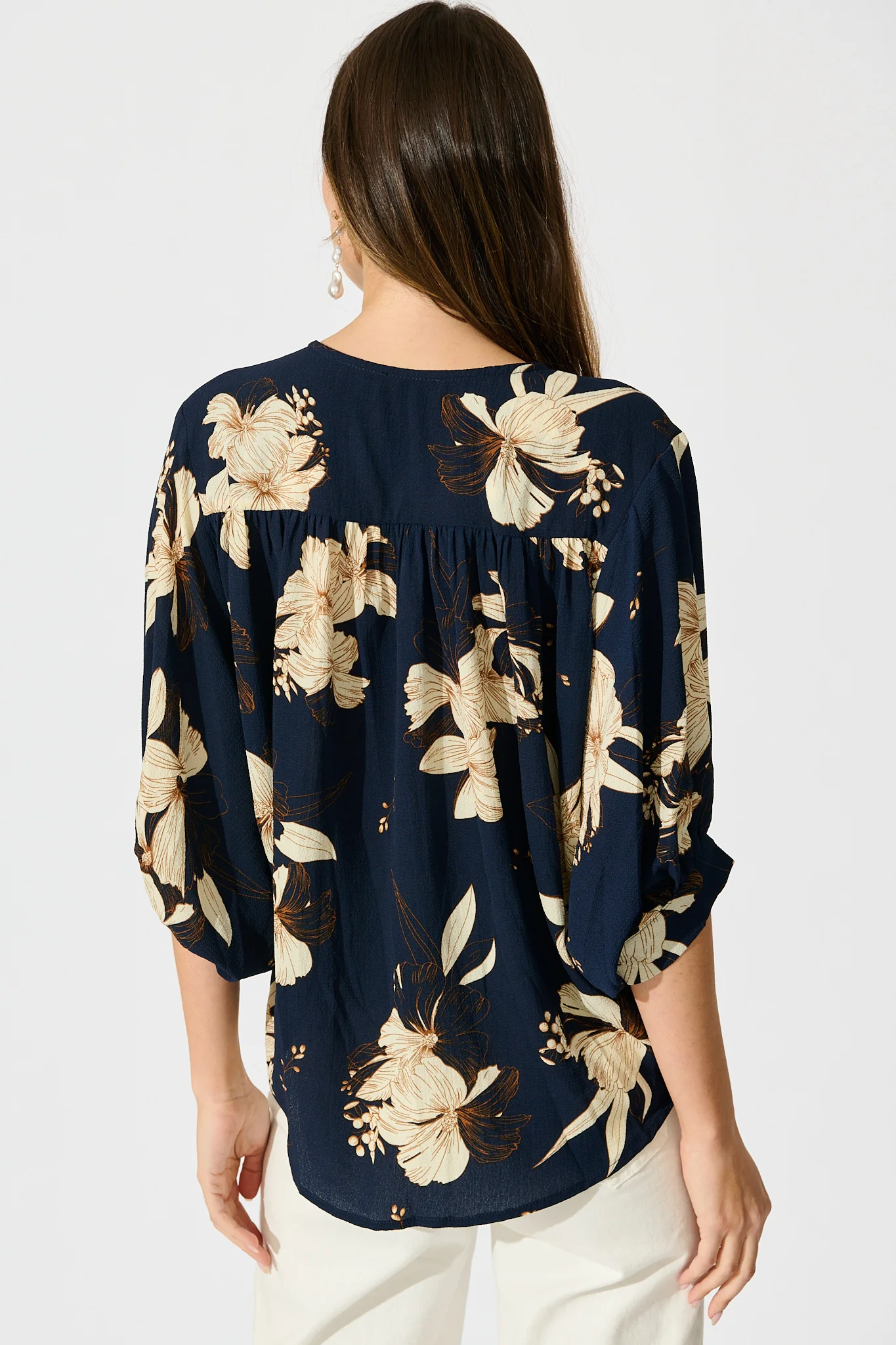 Marliboo Mock Wrap Top in Navy with Cream Floral - Image 3