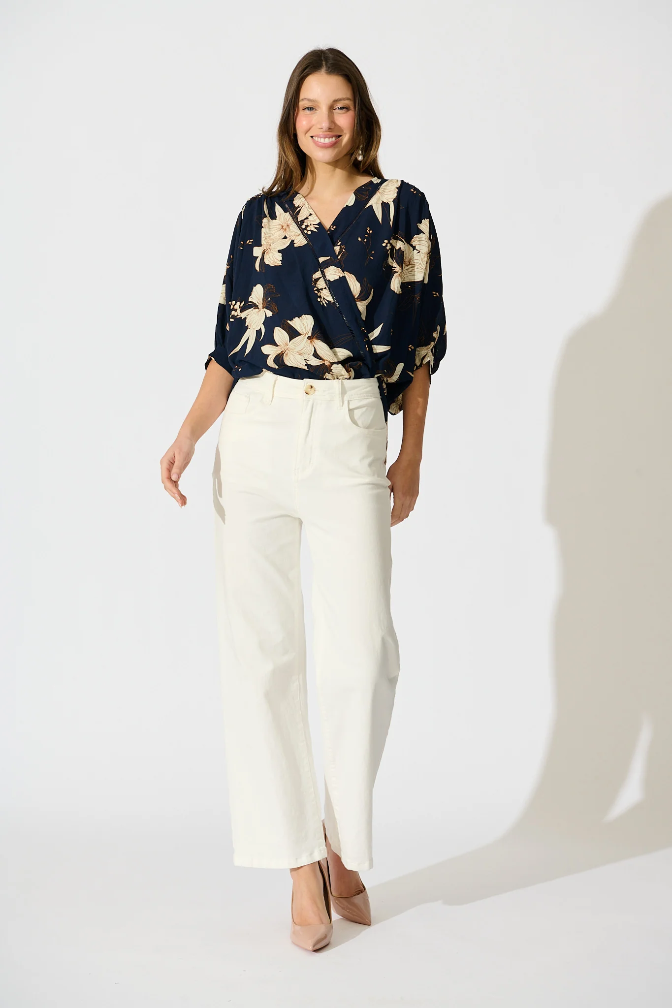 Marliboo Mock Wrap Top in Navy with Cream Floral - Image 4