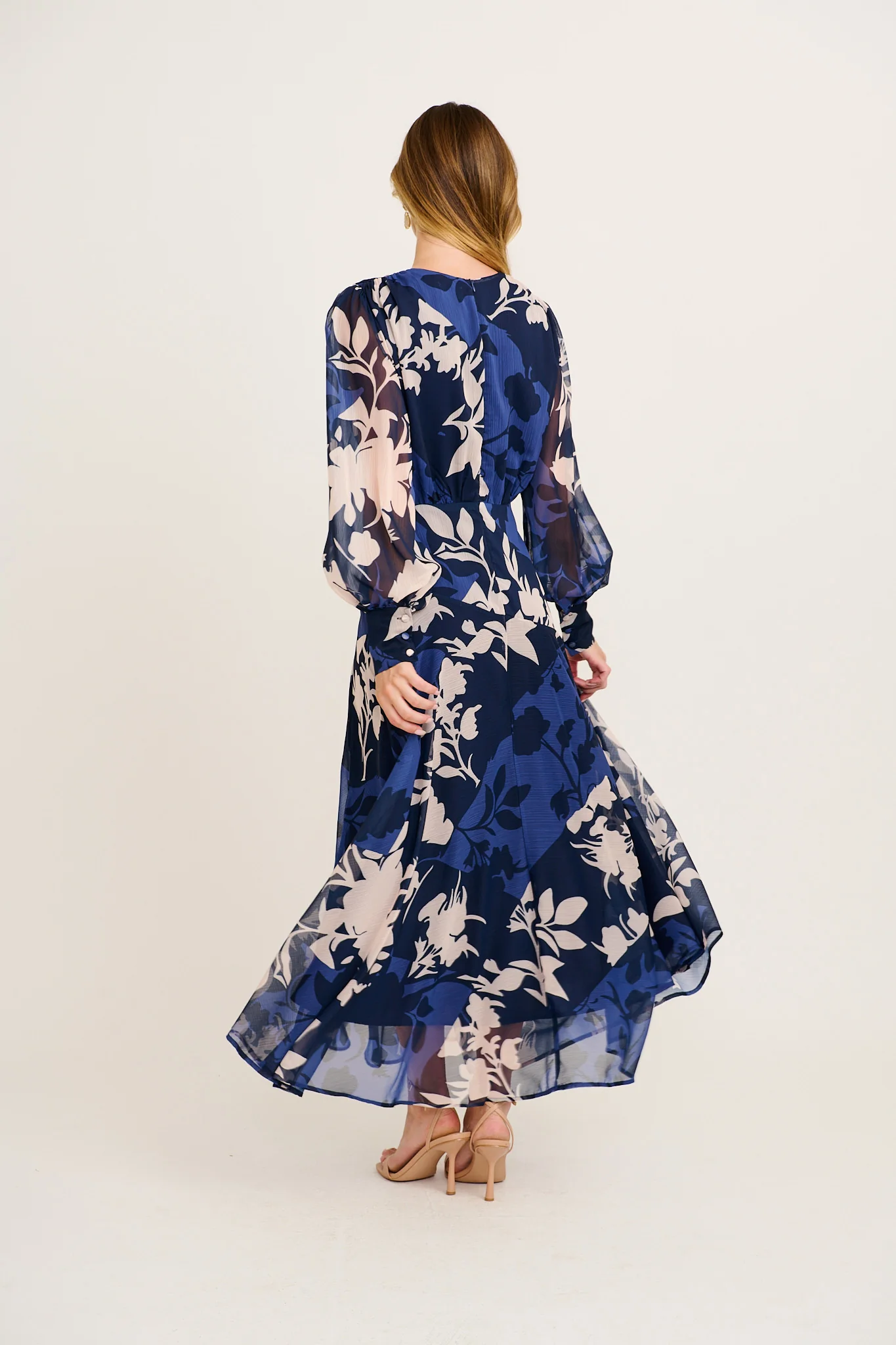 Martina Maxi Dress in Navy and Blue Floral Chiffon - Image 4