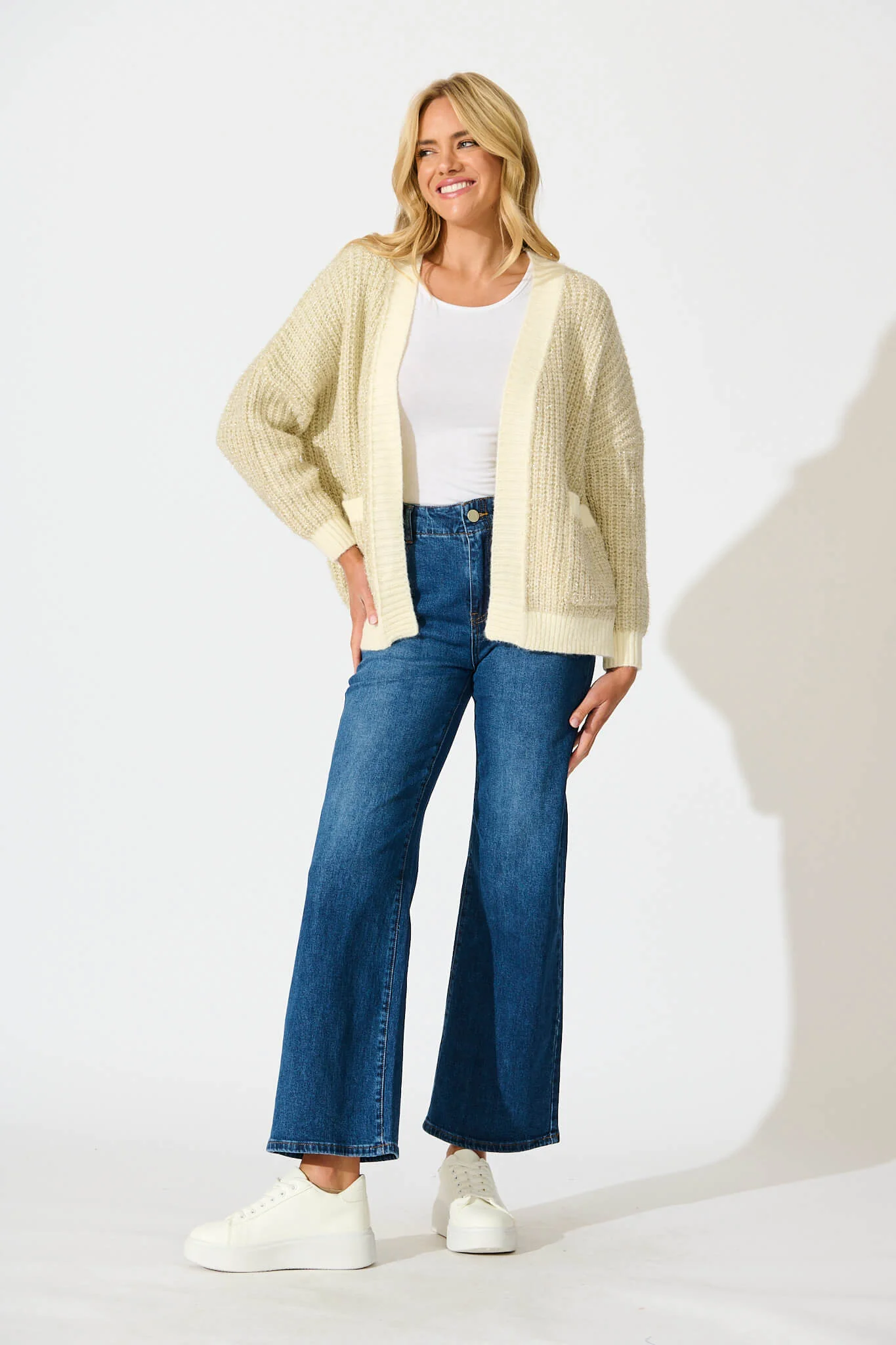 Masami Knit Cardigan In Beige Lurex with Contrast Trim - Image 4