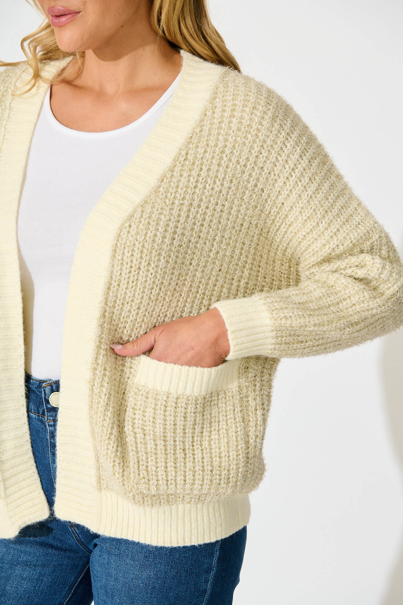 Masami Knit Cardigan In Beige Lurex with Contrast Trim - Image 5