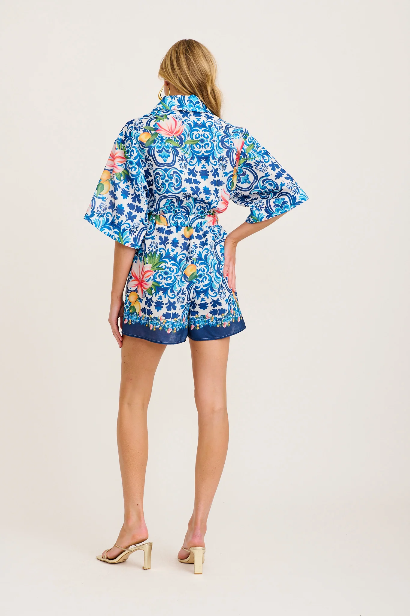 Maui Playsuit in Blue Multi Tiles Print Linen Blend - Image 4