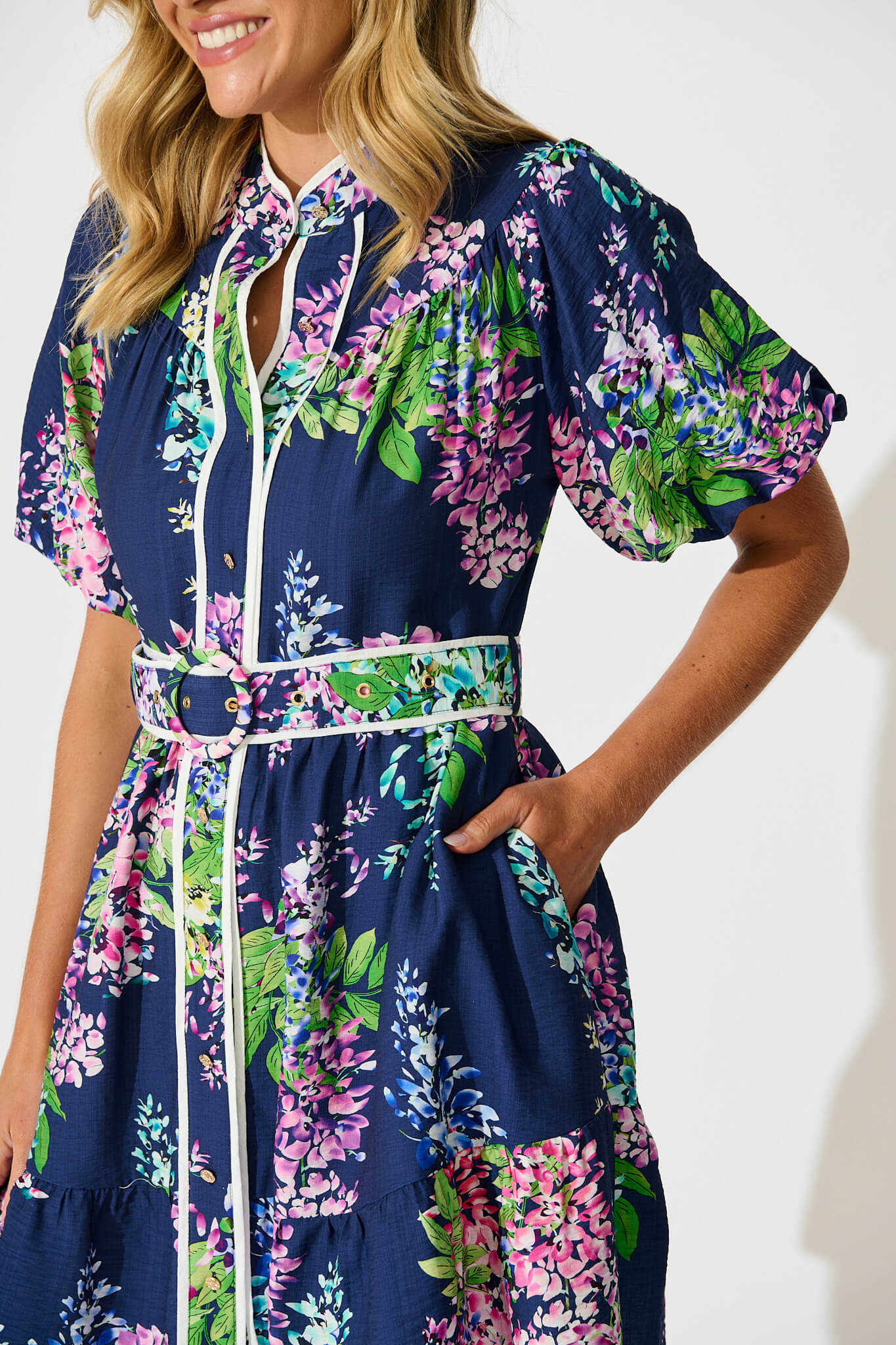 Maybelle Shirt Dress in Navy Wisteria Print with Piping Trim - Image 5