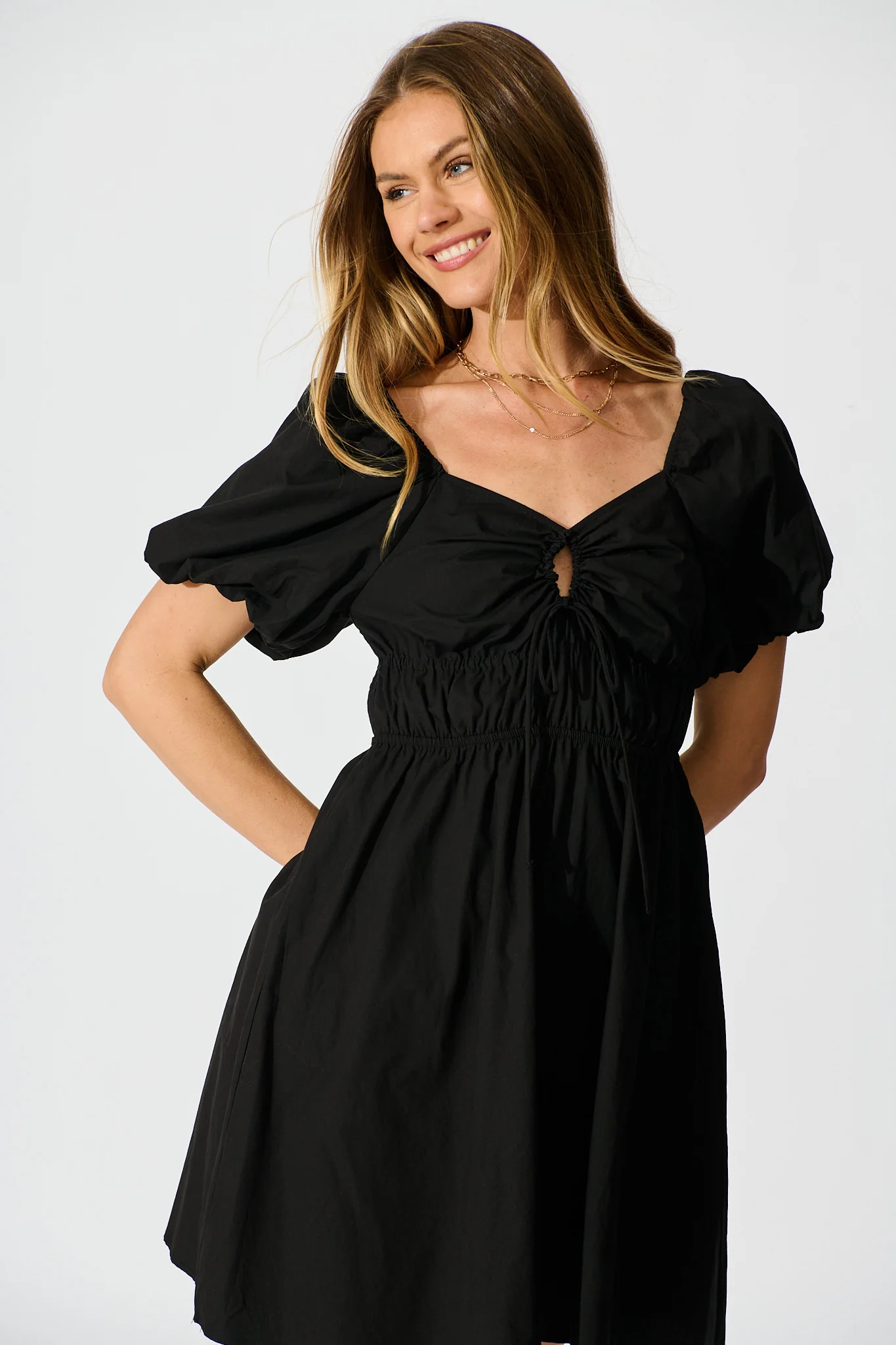 Maye Smock Dress in Black Cotton - Image 2