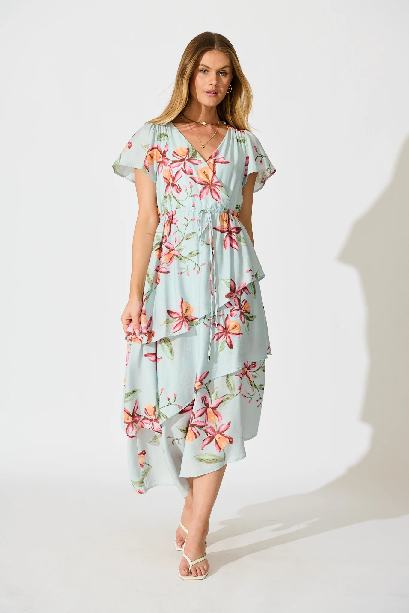 Melany Maxi Dress in Light Blue with Blush Floral