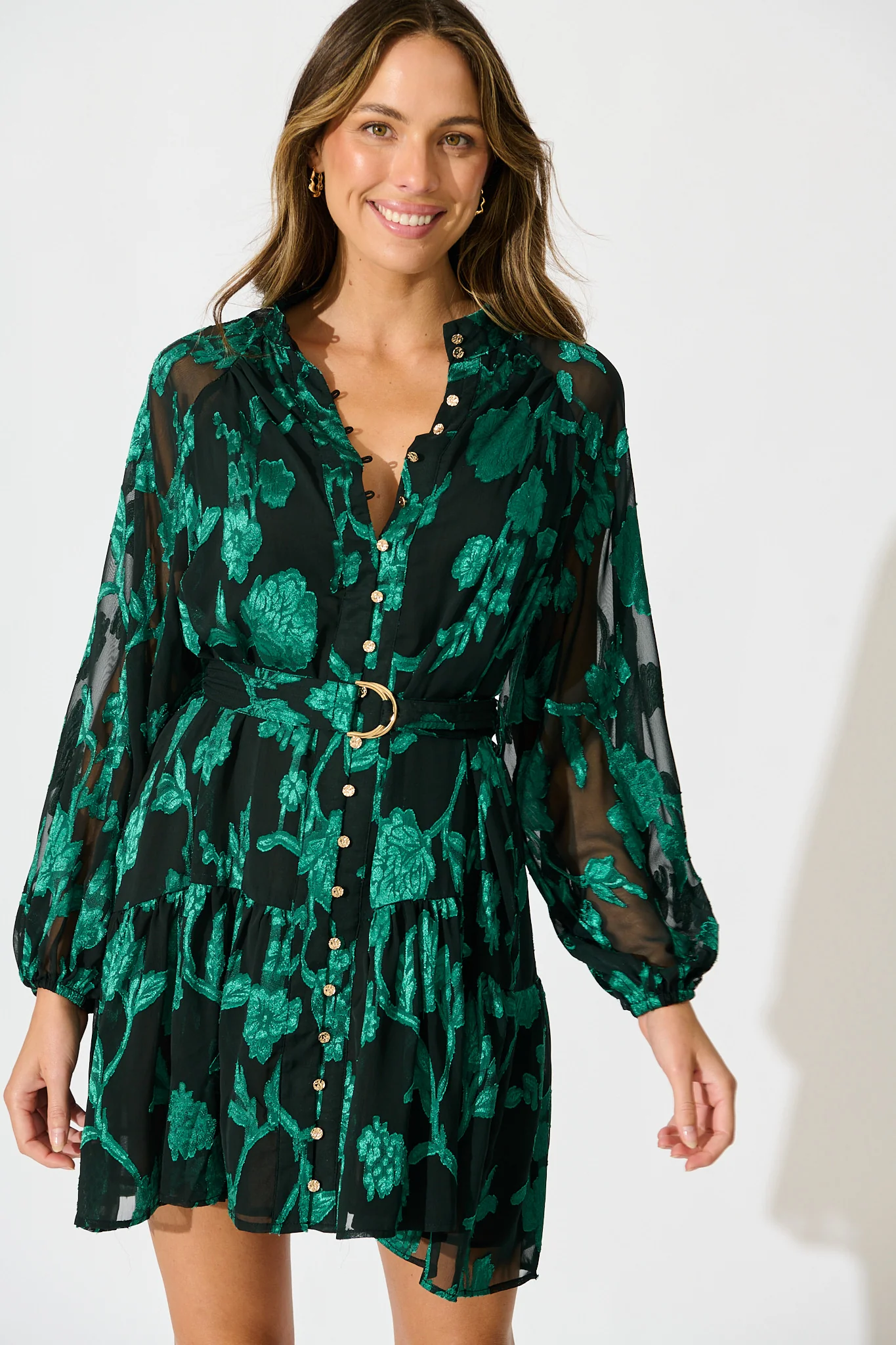 Melinda Dress in Black with Emerald Floral Burnout Chiffon - Image 2