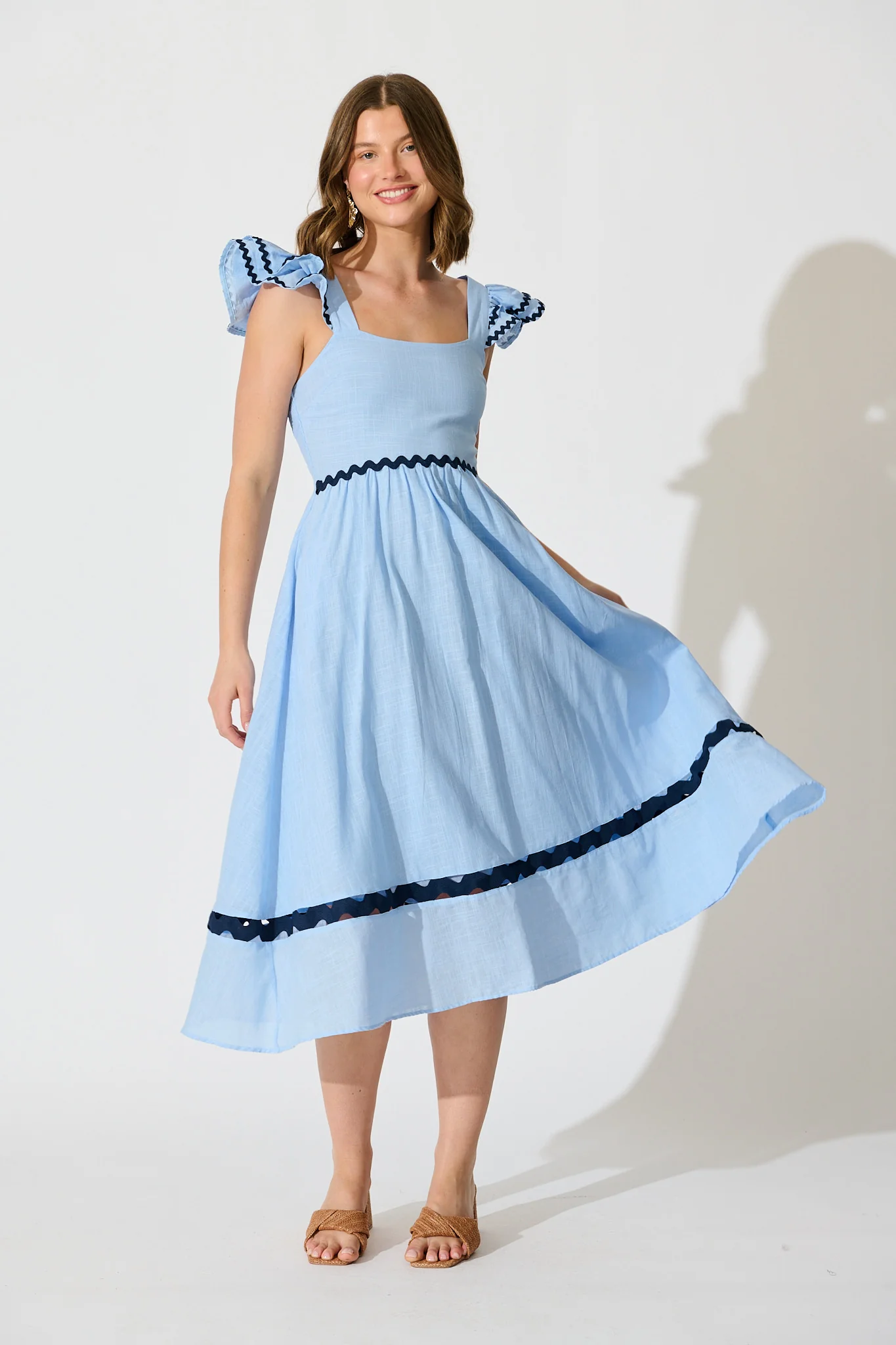 Miami Midi Dress In Pale Blue With Navy Ric Rac Cotton