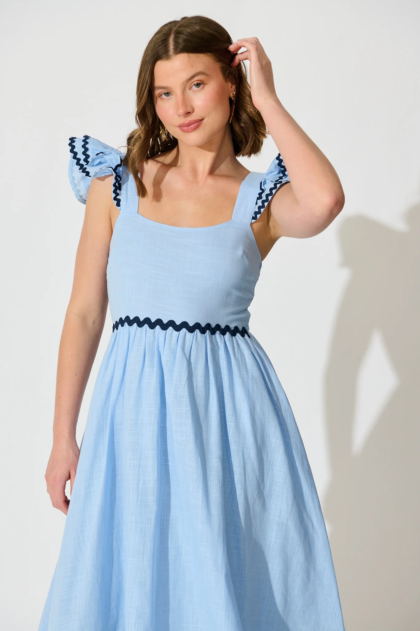 Miami Midi Dress In Pale Blue With Navy Ric Rac Cotton - Image 2