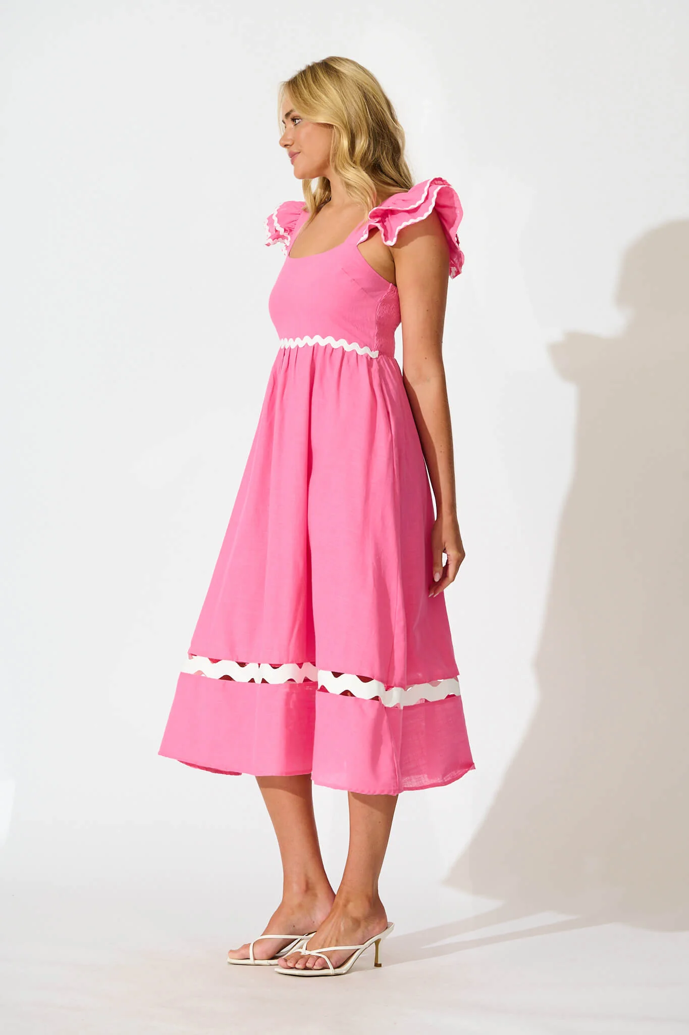 Miami Midi Dress In Pink With White Ric Rac Cotton - Image 3